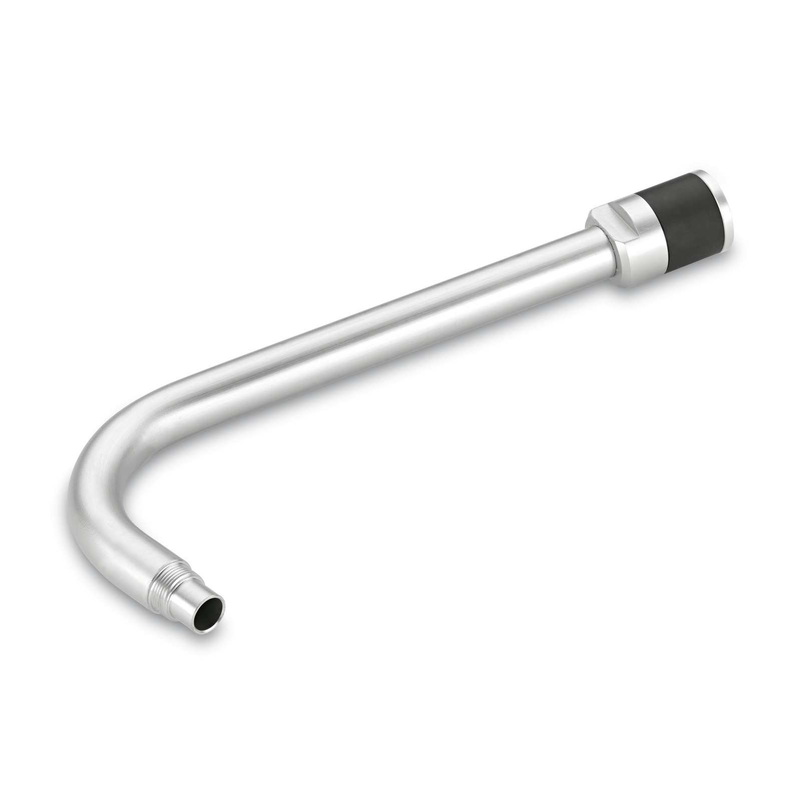 Curved stainless steel pipe with threaded end and black rubber fitting on a white background. Curved stainless steel pipe with threaded end and black rubber fitting on a white background.