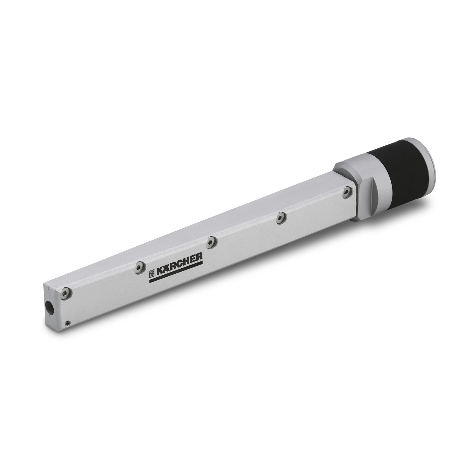 Silver Kärcher telescopic lance with black grip, featuring multiple screws along its length. Silver Kärcher telescopic lance with black grip, featuring multiple screws along its length.
