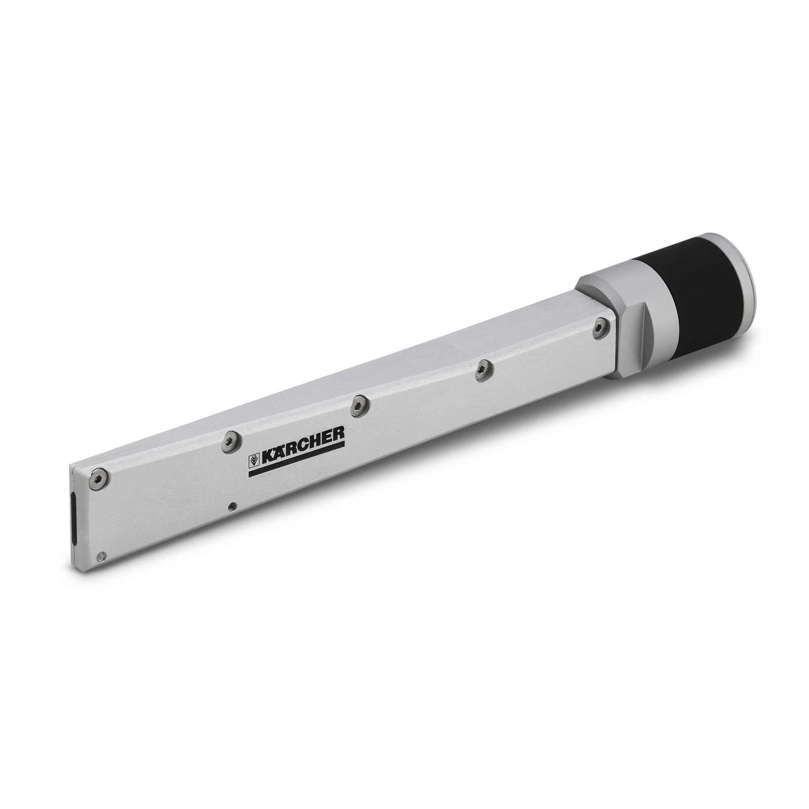 Silver Kärcher telescopic lance with black grip, featuring multiple screws along its length. Silver Kärcher telescopic lance with black grip, featuring multiple screws along its length.
