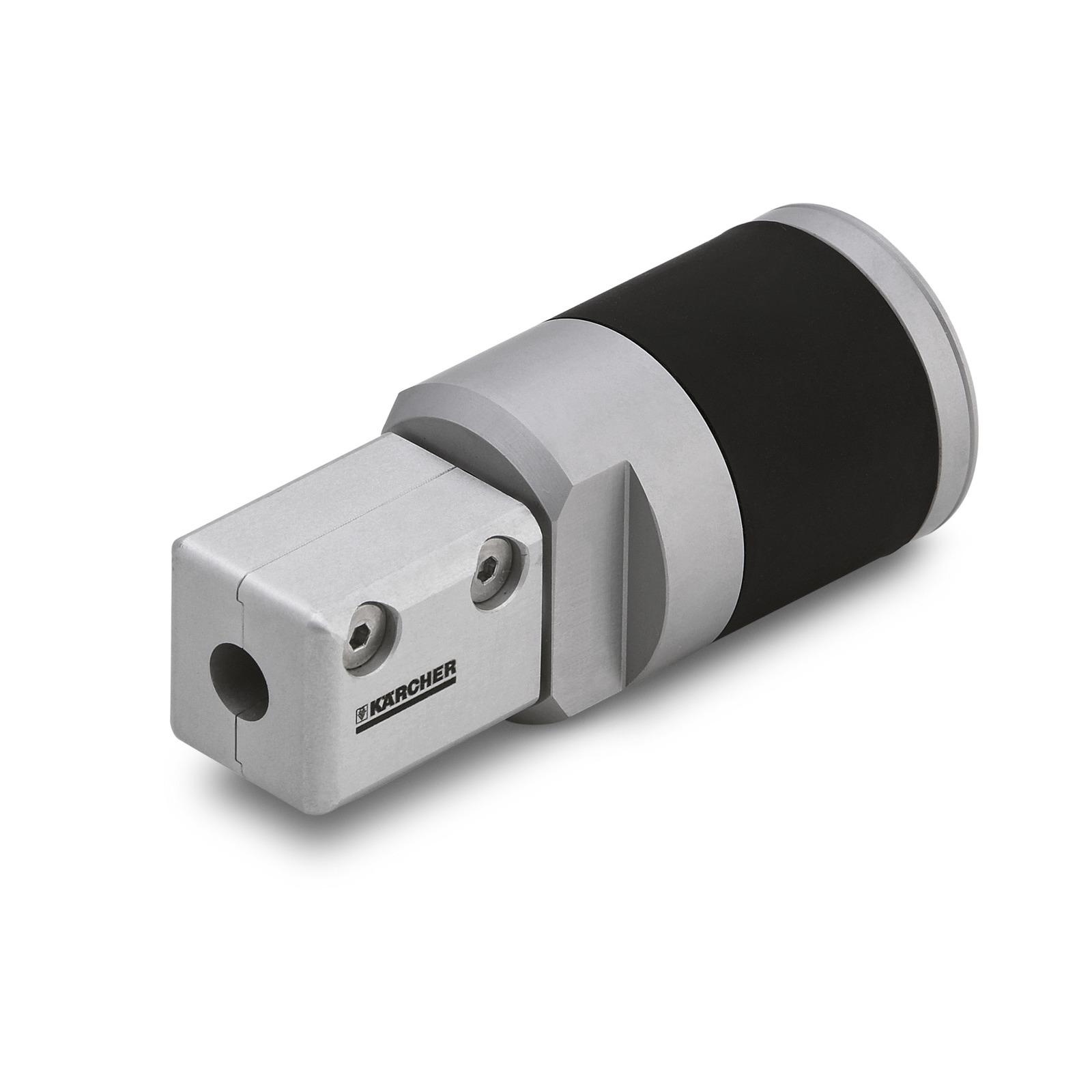 Kärcher nozzle with a silver and black cylindrical design, featuring two screws and a central hole. Kärcher nozzle with a silver and black cylindrical design, featuring two screws and a central hole.