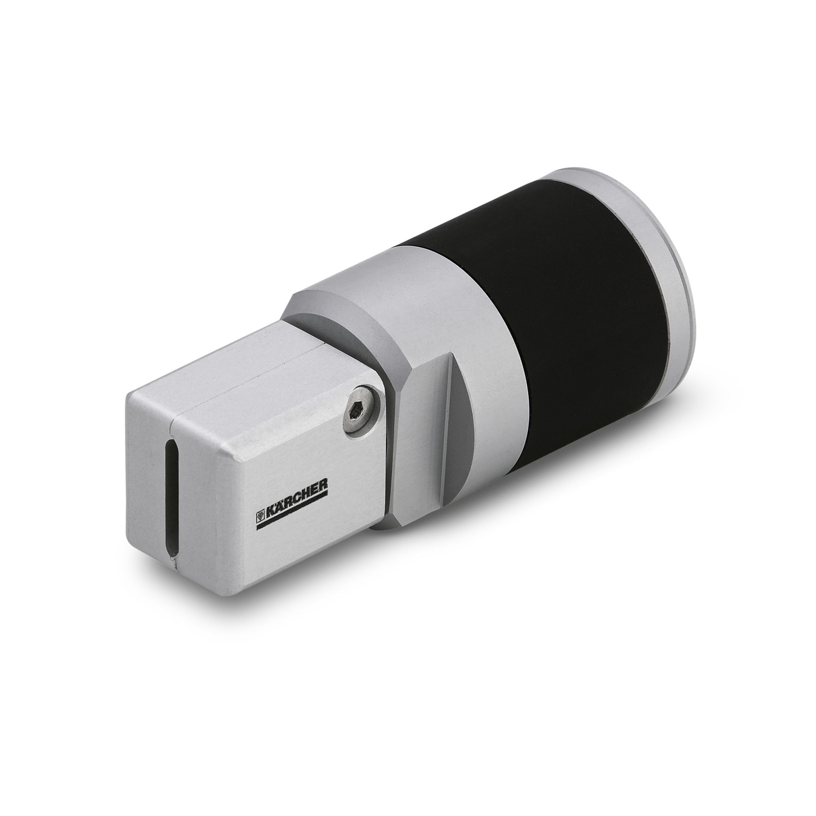 Silver and black Kärcher high-pressure cleaner nozzle with a cylindrical design on a white background.