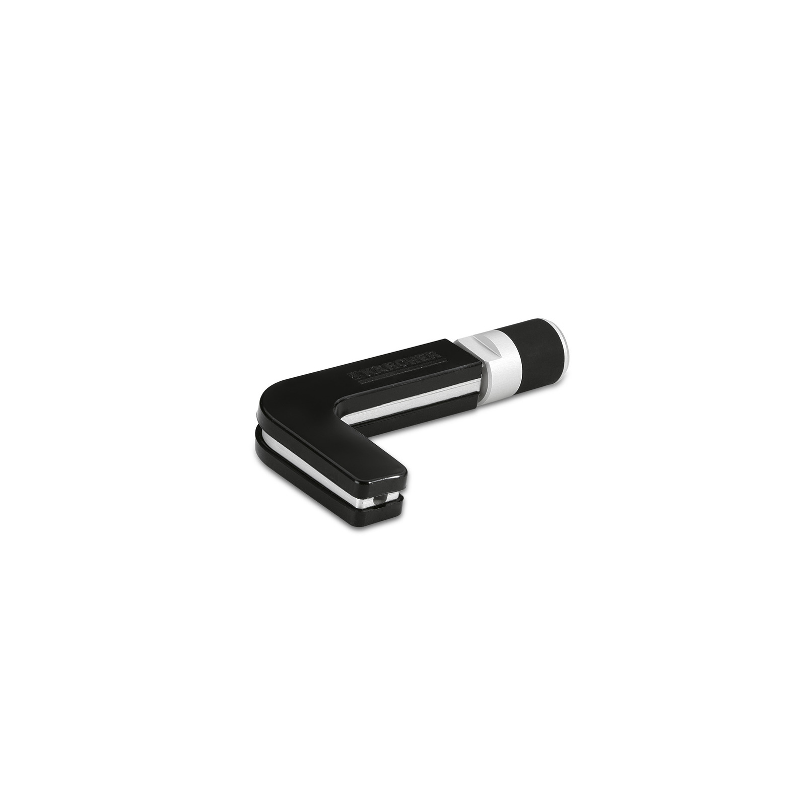 Black and silver Kärcher L-shaped lock on a white background. Black and silver Kärcher L-shaped lock on a white background.