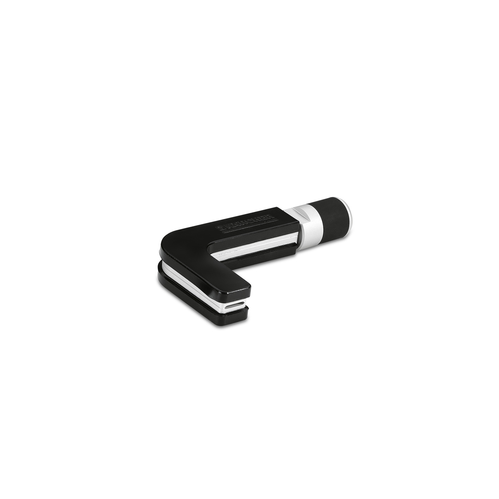 Black and silver Kärcher pipe cleaning tool with a curved design, placed on a white background.