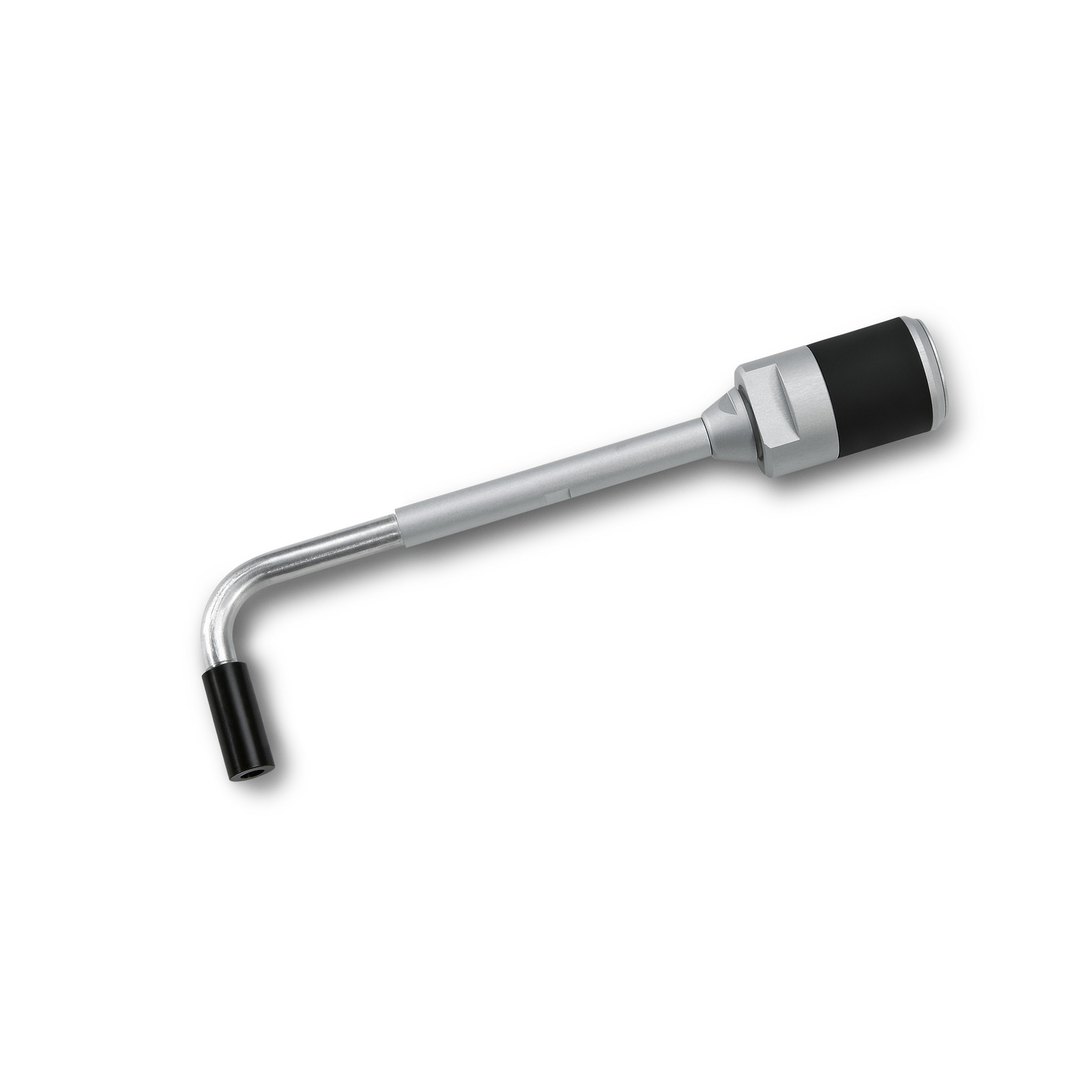 Silver Kärcher spray lance with black nozzle, featuring a curved design and metallic finish. Silver Kärcher spray lance with black nozzle, featuring a curved design and metallic finish.