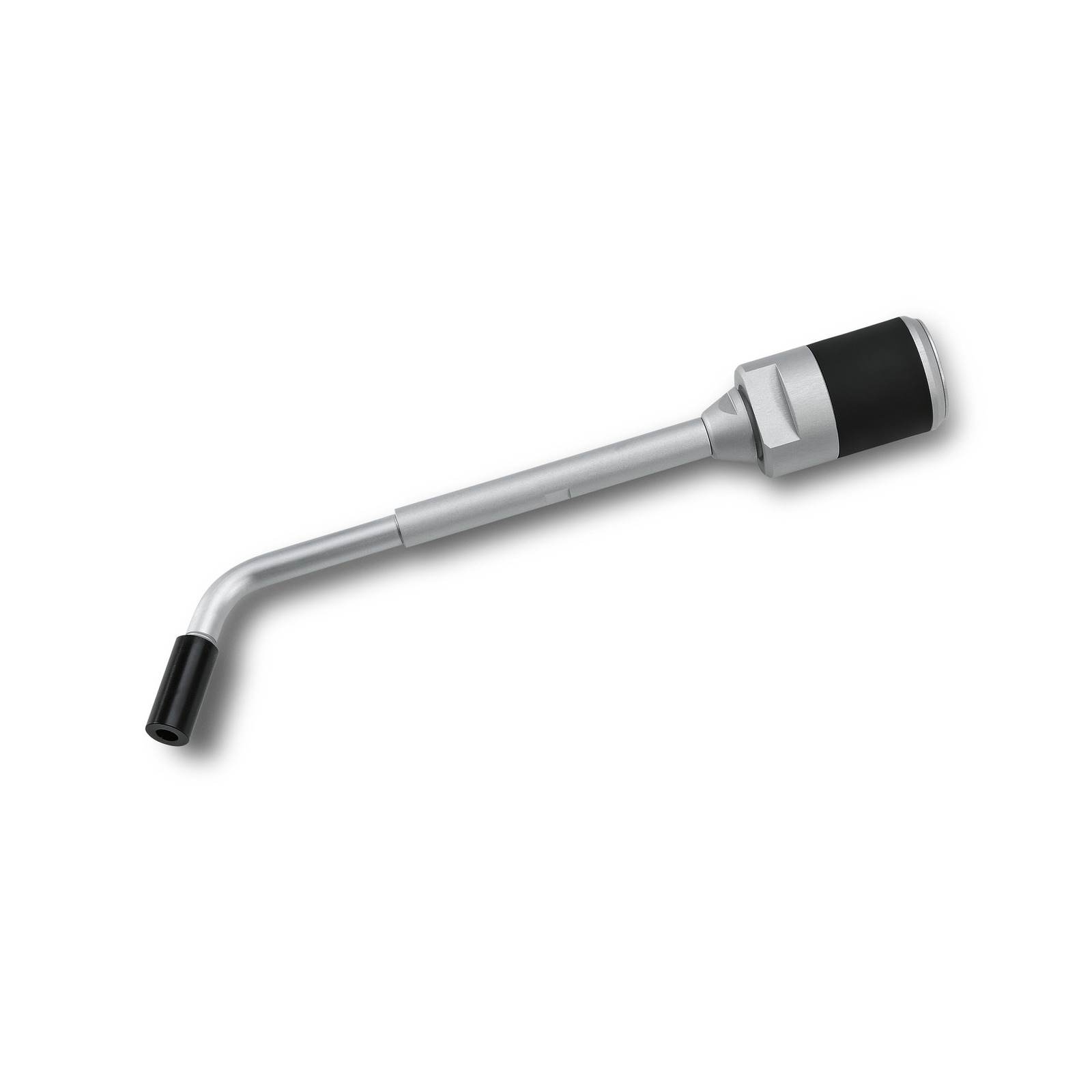 Silver and black Kärcher pipe cleaning nozzle with a bent end, isolated on a white background. Silver and black Kärcher pipe cleaning nozzle with a bent end, isolated on a white background.