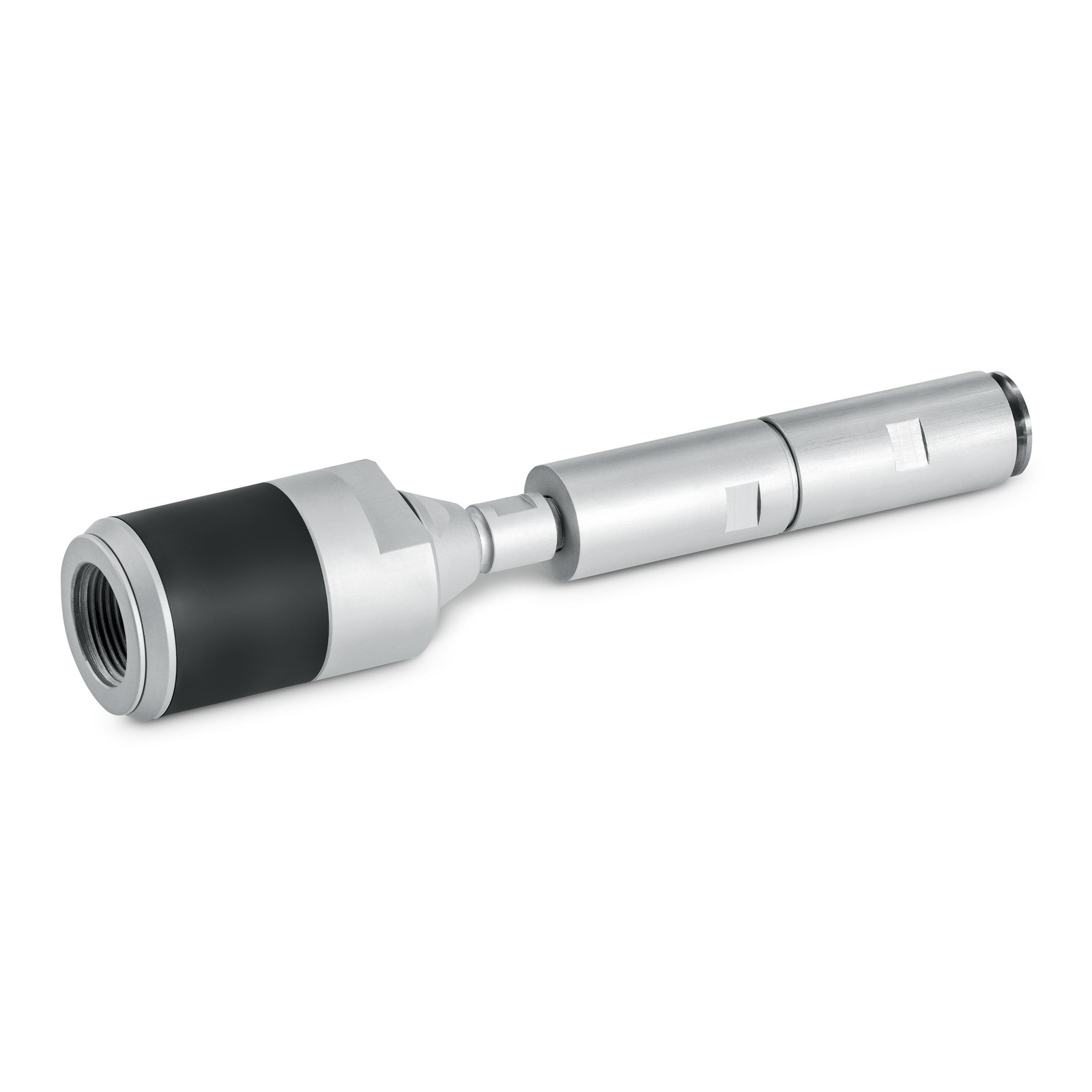 Silver and black Kärcher high-pressure cleaner nozzle with a threaded end. Silver and black Kärcher high-pressure cleaner nozzle with a threaded end.