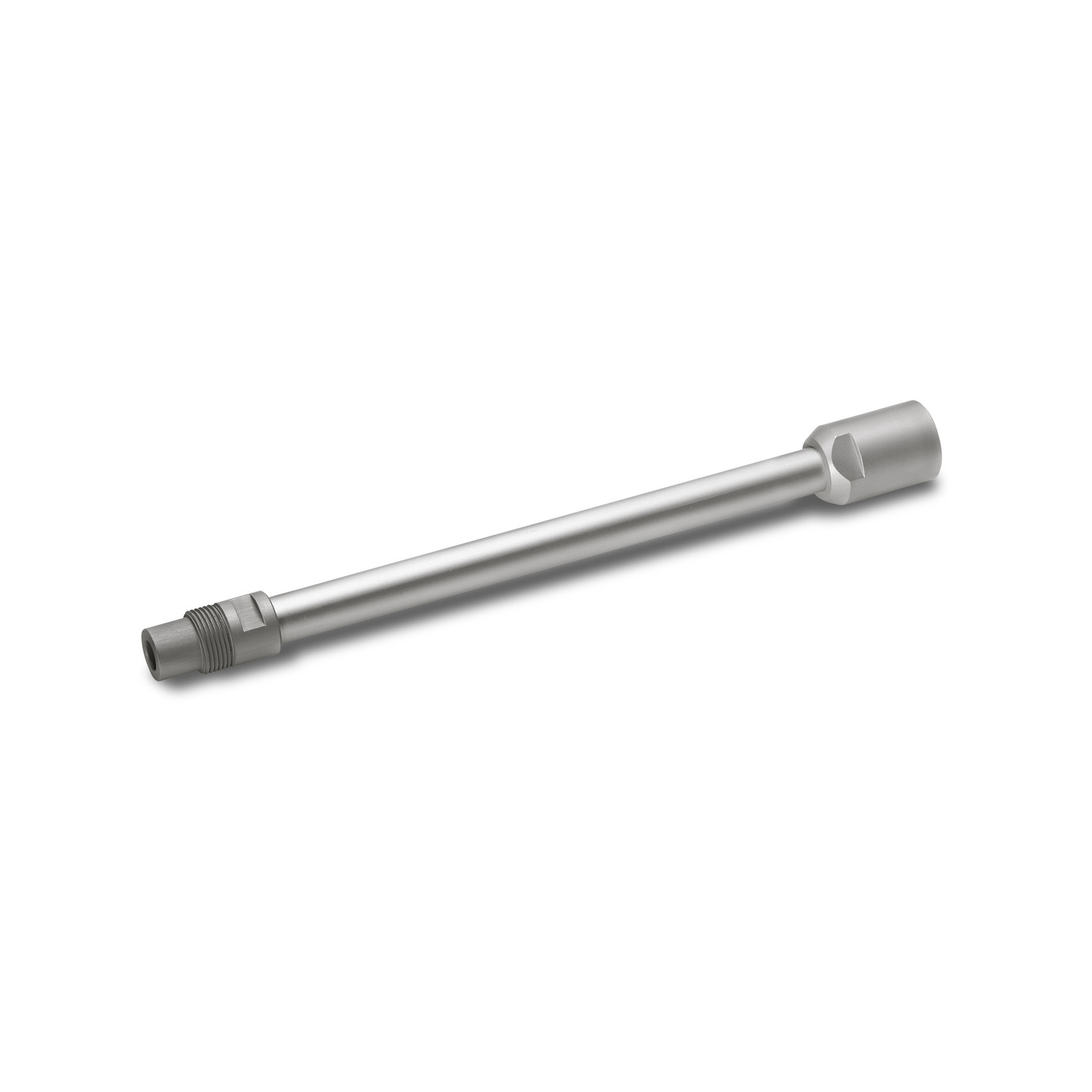 Silver metal extension tube with threaded end, isolated on a white background. Silver metal extension tube with threaded end, isolated on a white background.