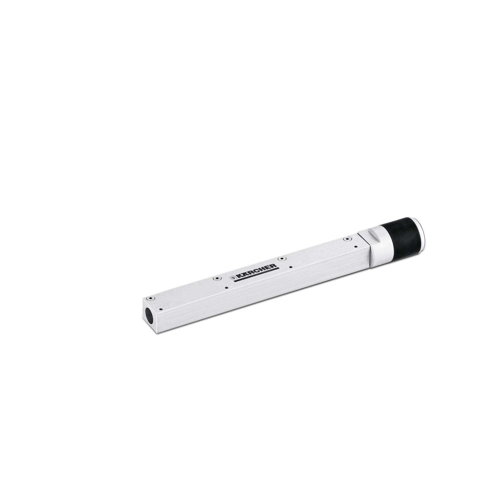 Kärcher telescopic spray lance with a white body and black end cap, isolated on a white background. Kärcher telescopic spray lance with a white body and black end cap, isolated on a white background.