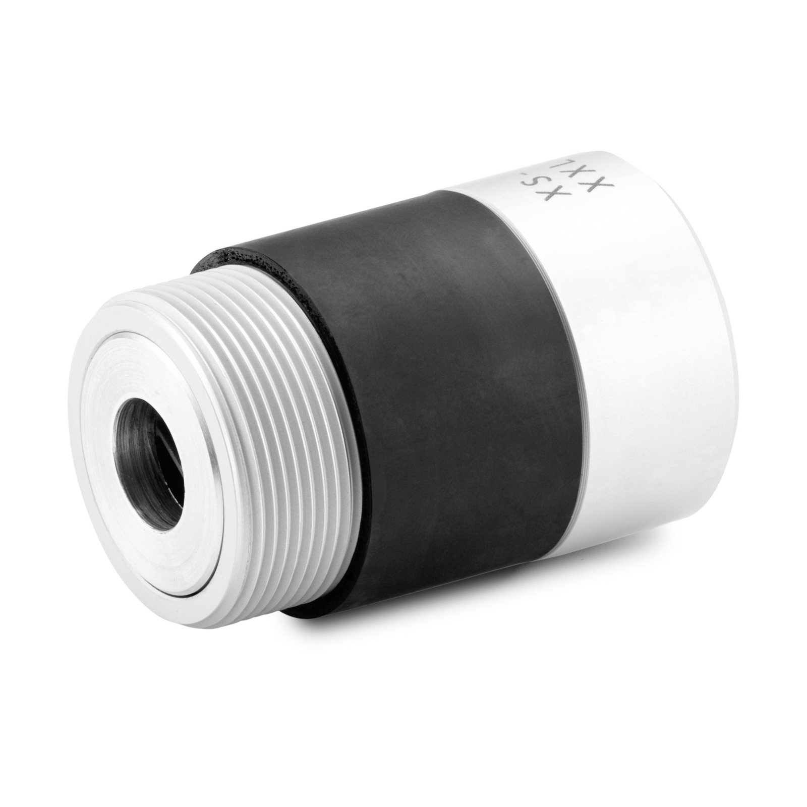 Close-up of a cylindrical component with a threaded metal end and a black rubber section, marked with "XX-SX" on the white surface. Close-up of a cylindrical component with a threaded metal end and a black rubber section, marked with "XX-SX" on the white surface.