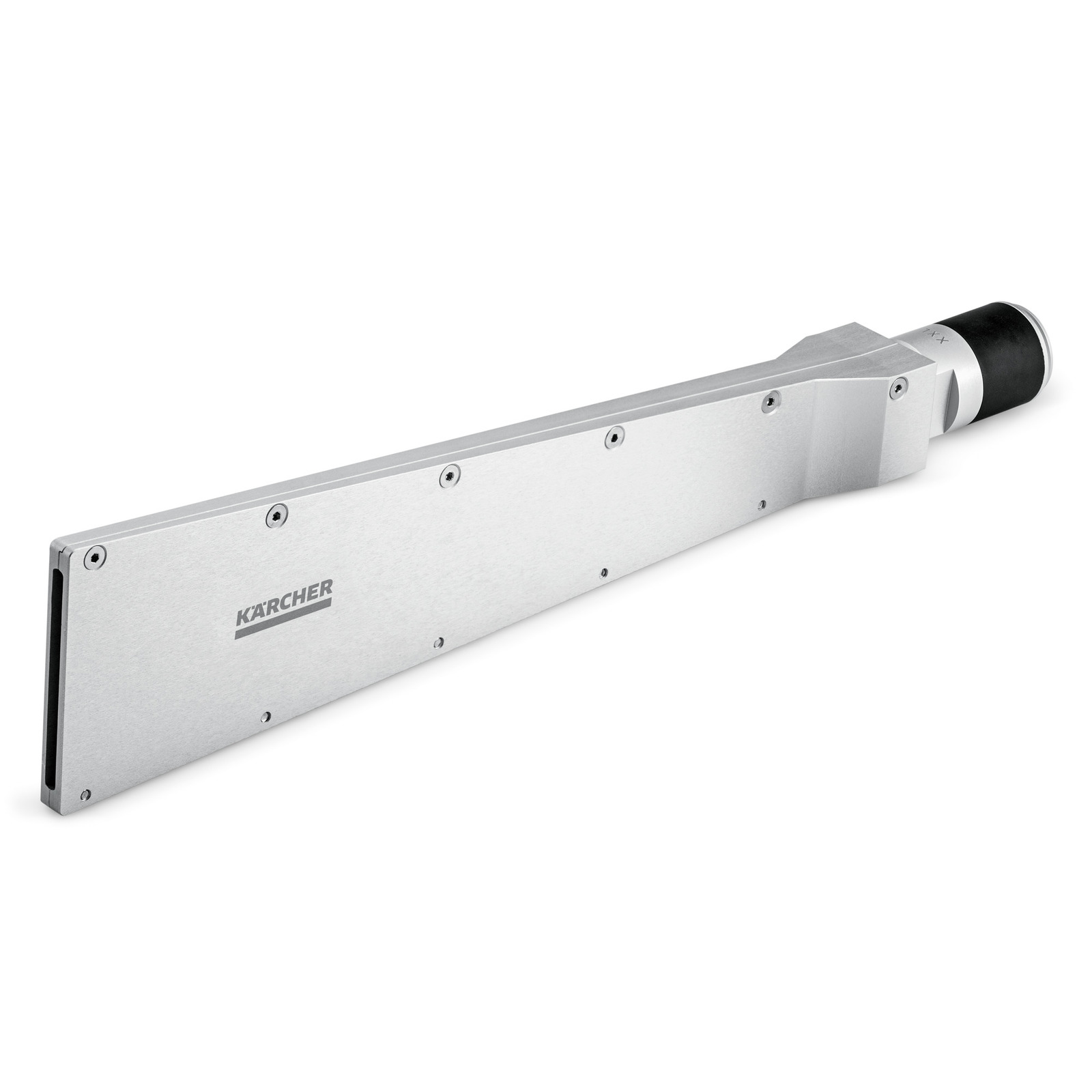 Kärcher flat jet nozzle, silver with black tip, featuring multiple screws along its length. Kärcher flat jet nozzle, silver with black tip, featuring multiple screws along its length.