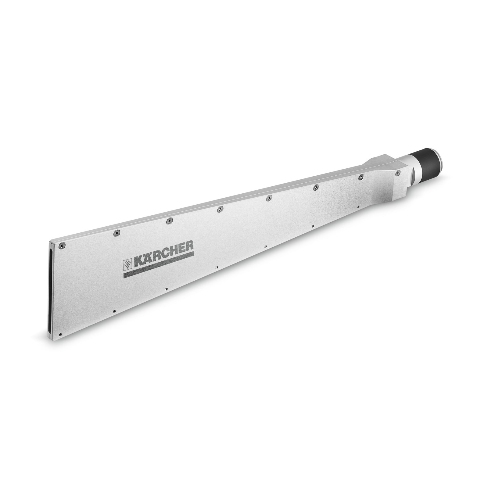 Kärcher flat spray nozzle, metallic with visible screws, angled view showing logo on the side. Kärcher flat spray nozzle, metallic with visible screws, angled view showing logo on the side.