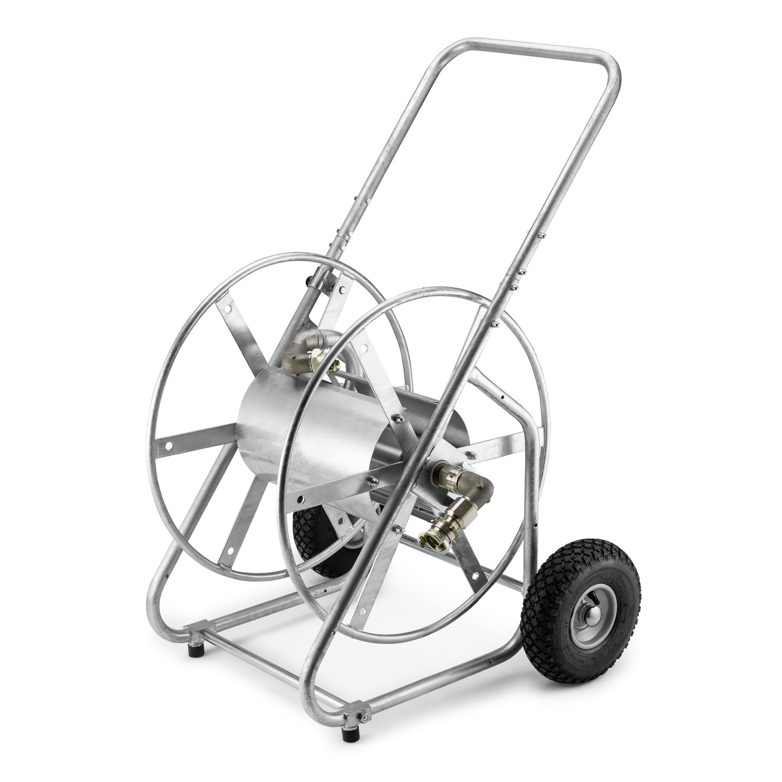 Metal hose reel cart with large wheels and a sturdy frame, featuring a central drum and hose connectors. Metal hose reel cart with large wheels and a sturdy frame, featuring a central drum and hose connectors.
