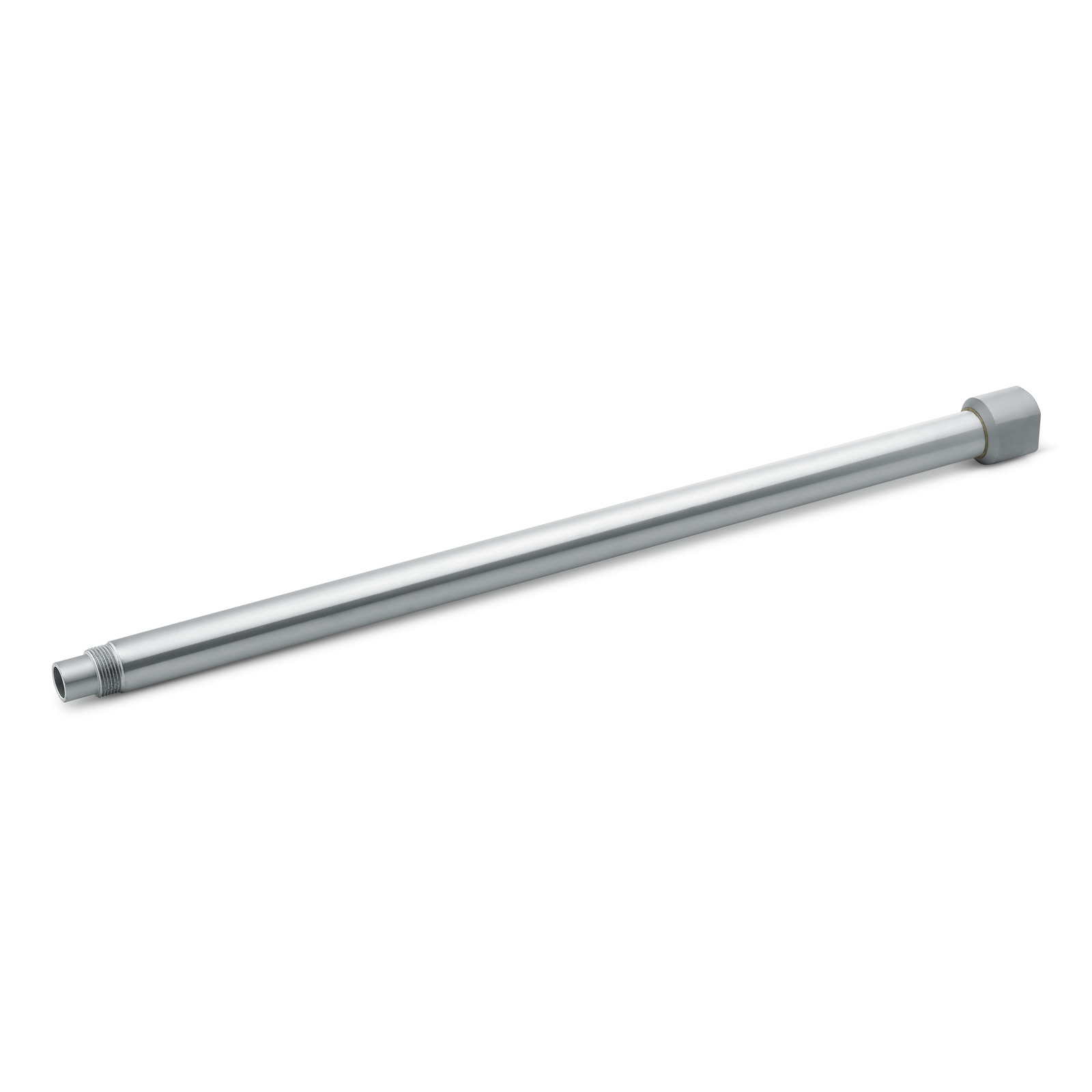 Silver Kärcher extension tube with threaded end, isolated on a white background. Silver Kärcher extension tube with threaded end, isolated on a white background.