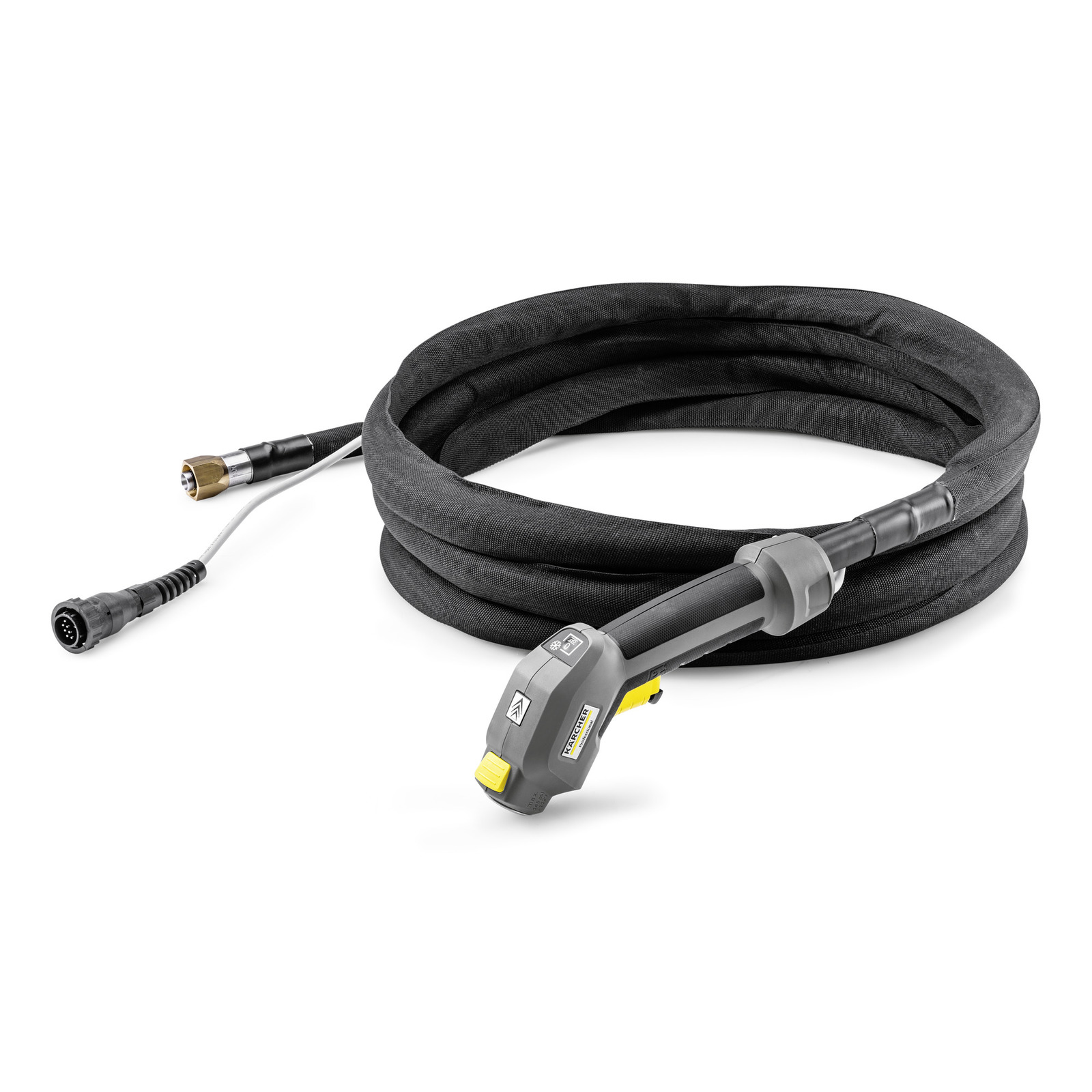 Kärcher steam cleaner hose with a black coiled design and connectors at both ends, placed on a white background.