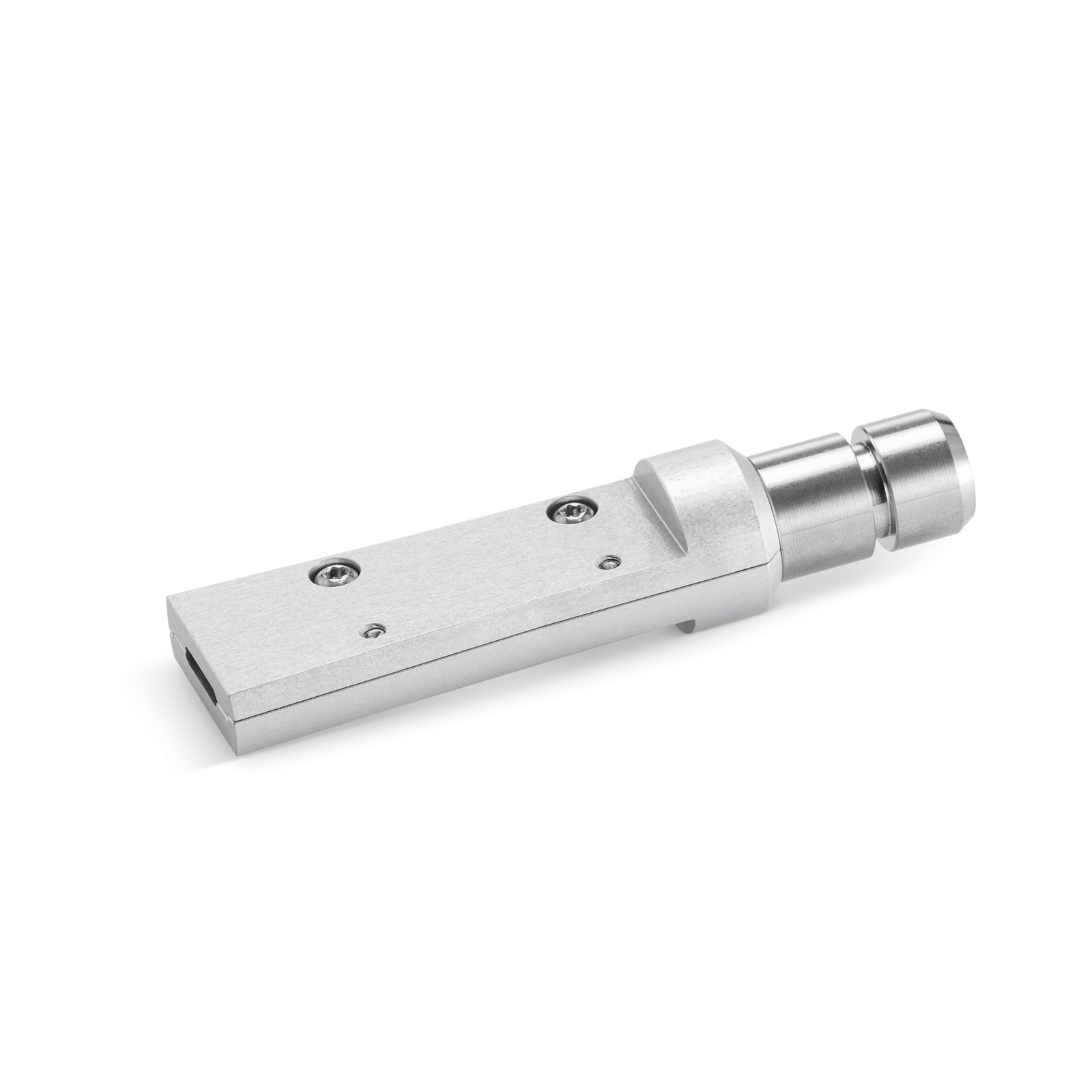 Silver metal nozzle attachment with a rectangular base and cylindrical connector, featuring two visible screws. Silver metal nozzle attachment with a rectangular base and cylindrical connector, featuring two visible screws.