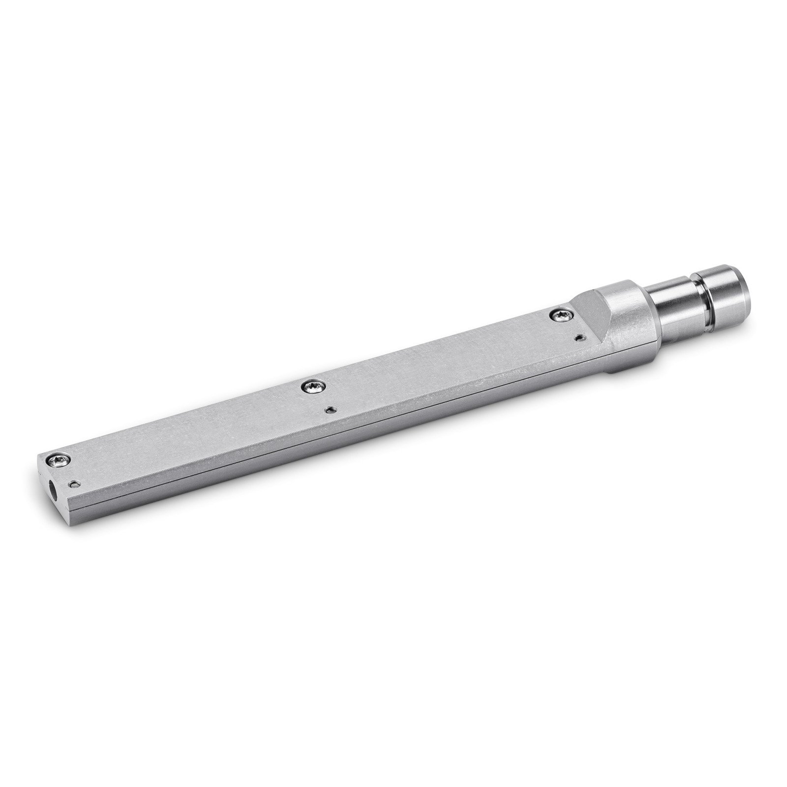Silver metal rod with a cylindrical end and two screws on its flat surface, set against a white background. Silver metal rod with a cylindrical end and two screws on its flat surface, set against a white background.
