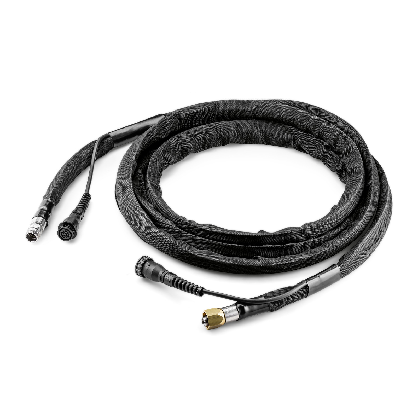 Coiled black Kärcher high-pressure cleaner hose with connectors on a white background. Coiled black Kärcher high-pressure cleaner hose with connectors on a white background.
