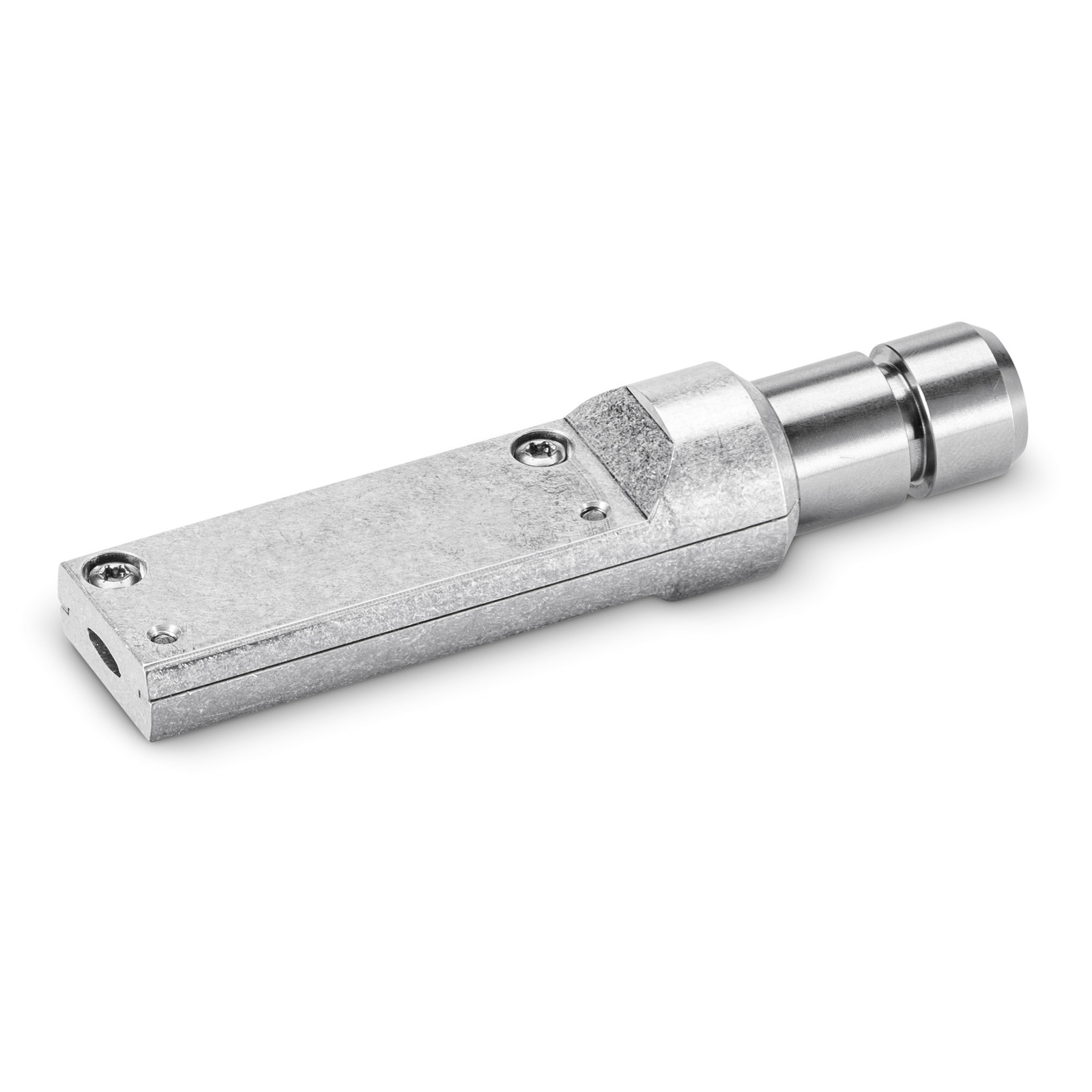 Metal nozzle attachment with a cylindrical connector, featuring a rectangular body and visible screws on a white background. Metal nozzle attachment with a cylindrical connector, featuring a rectangular body and visible screws on a white background.