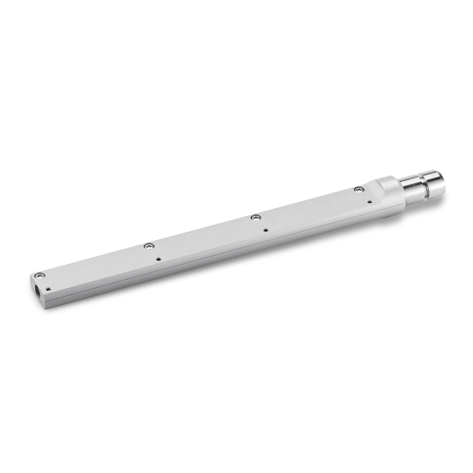 Silver Kärcher spray lance with a cylindrical connector, lying on a white background. Silver Kärcher spray lance with a cylindrical connector, lying on a white background.