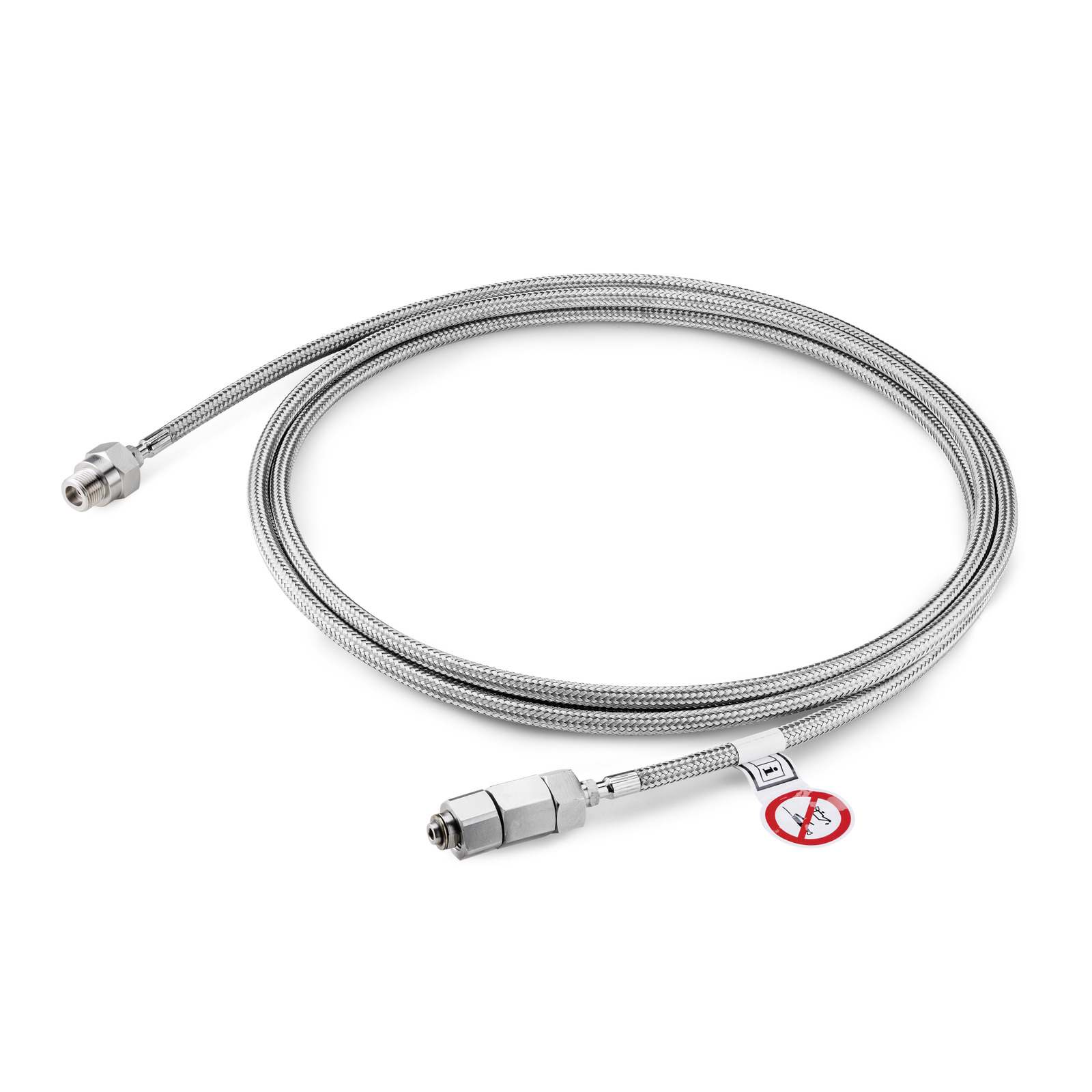 Silver braided hose with metal connectors on both ends, displayed on a white background.