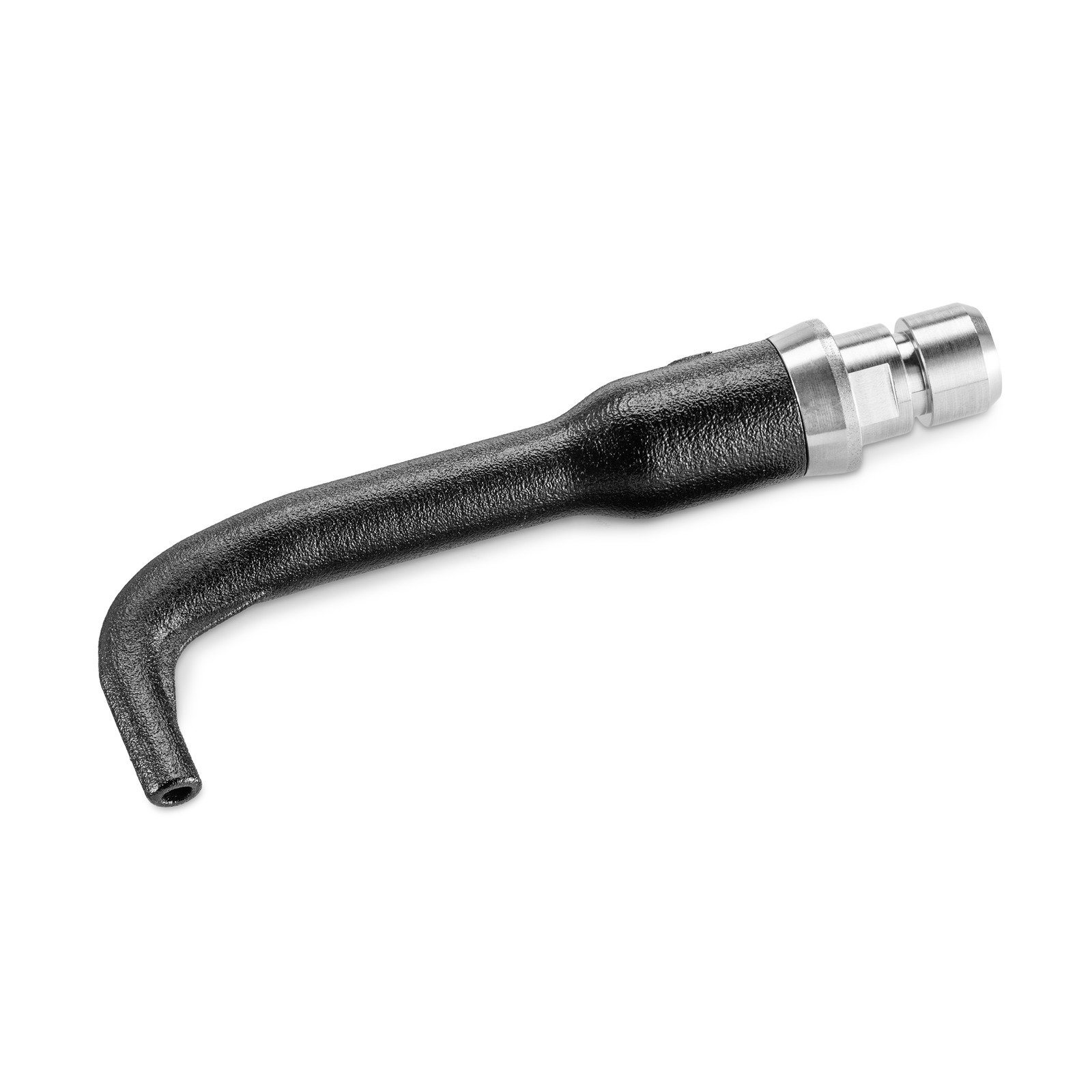 Black curved nozzle with a metallic connector, isolated on a white background. Black curved nozzle with a metallic connector, isolated on a white background.
