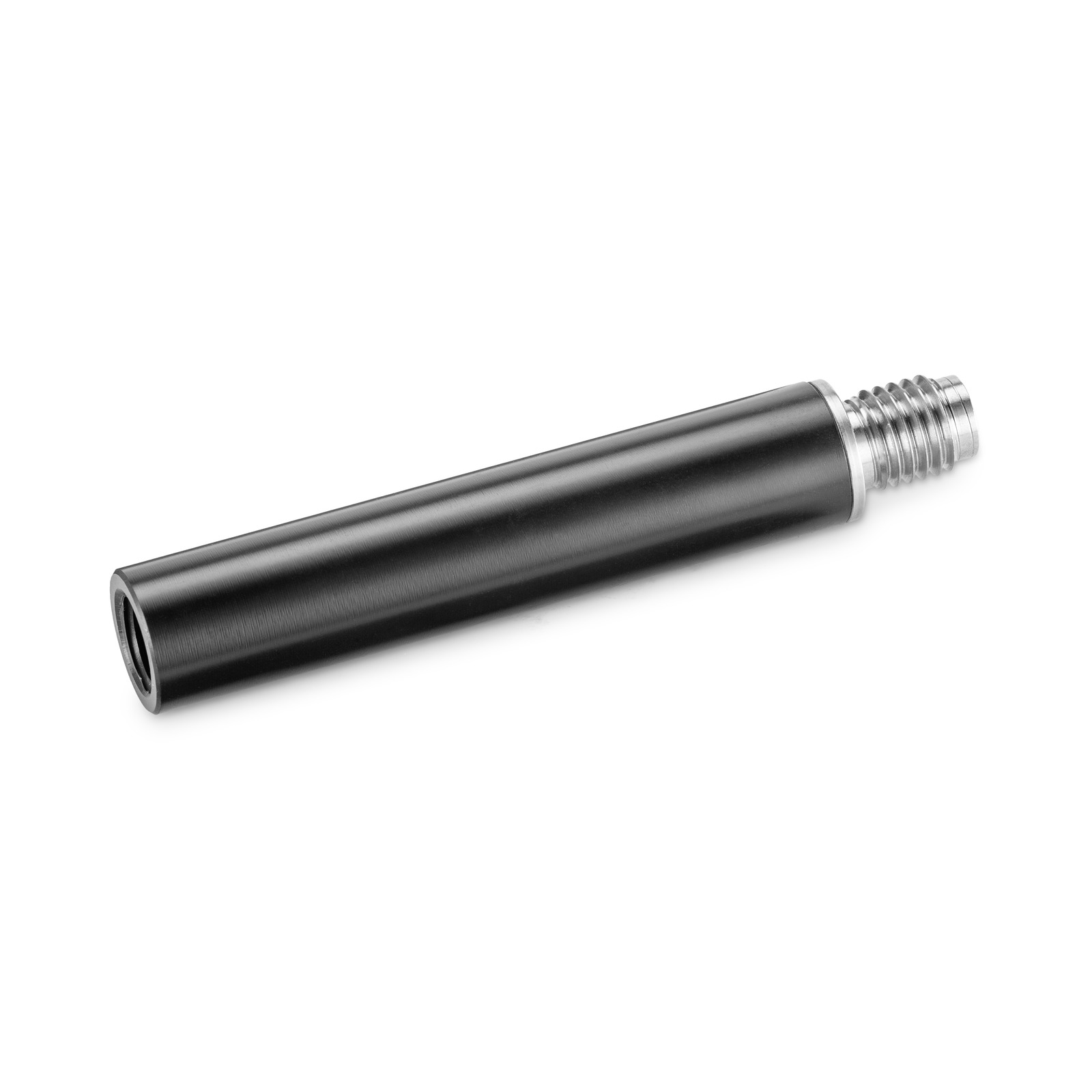 Black cylindrical extension tube with a threaded metal end, isolated on a white background. Black cylindrical extension tube with a threaded metal end, isolated on a white background.