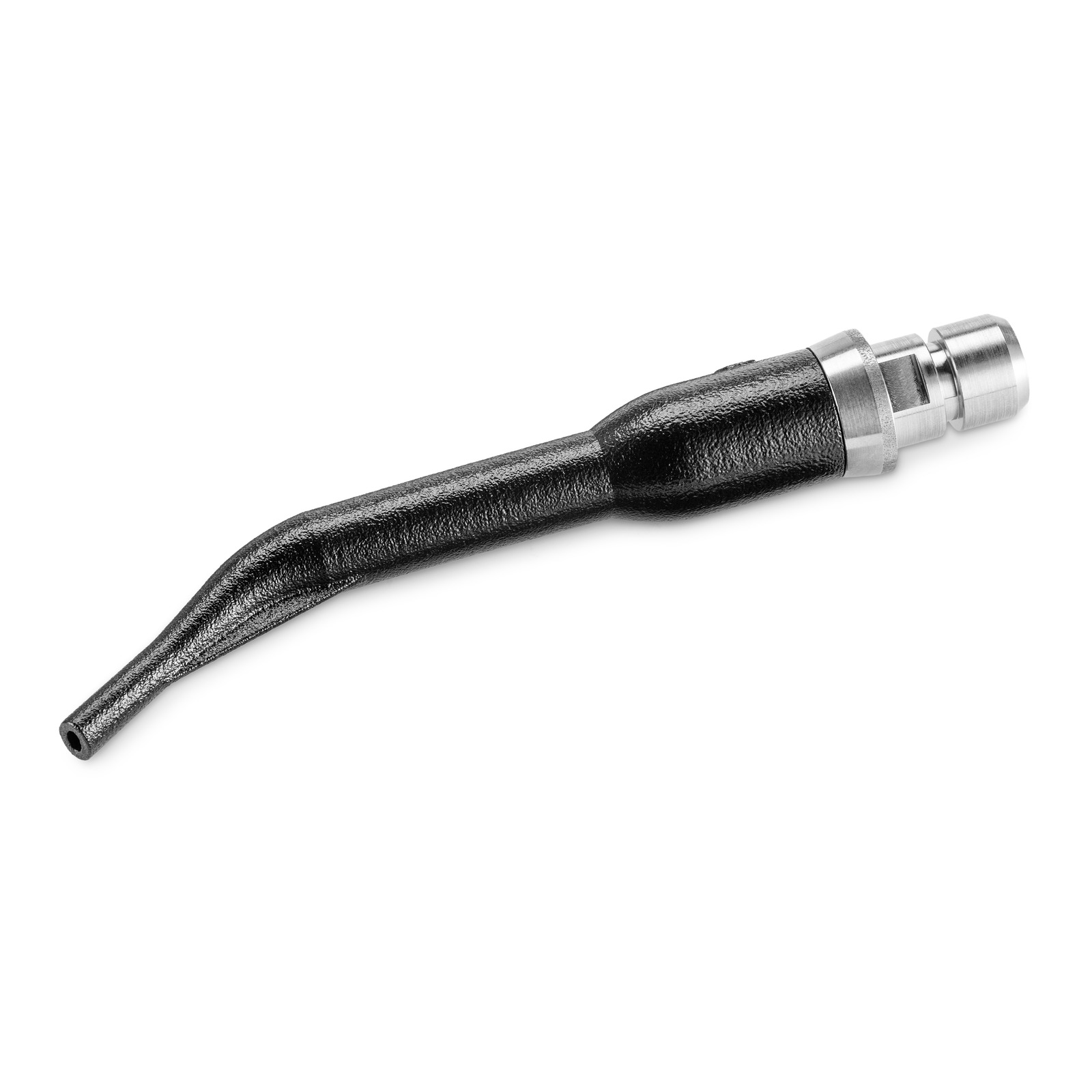 Black Kärcher nozzle with a curved tip and metallic connector, isolated on a white background.