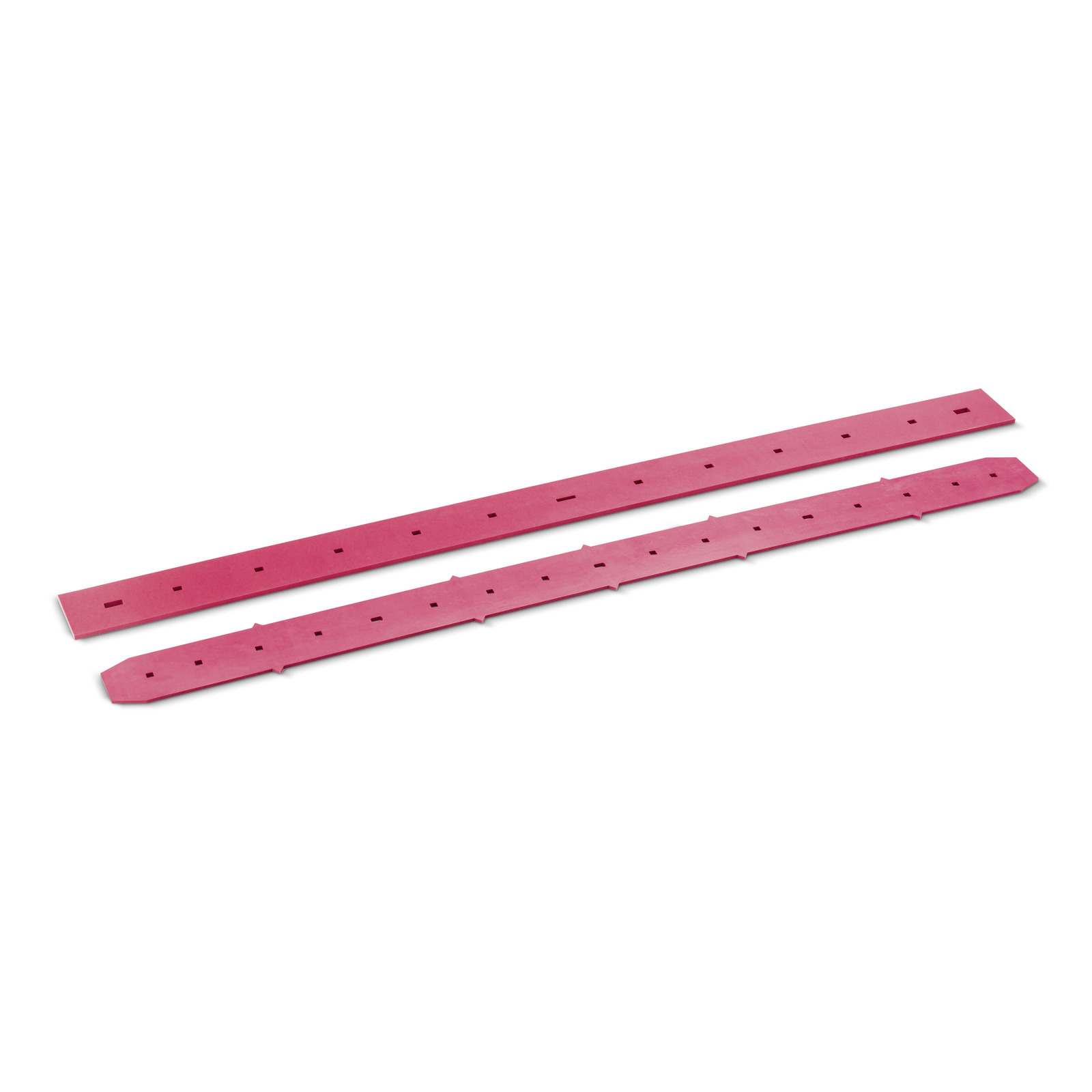 Two long, red strips with evenly spaced holes, laid parallel on a white background. Two long, red strips with evenly spaced holes, laid parallel on a white background.