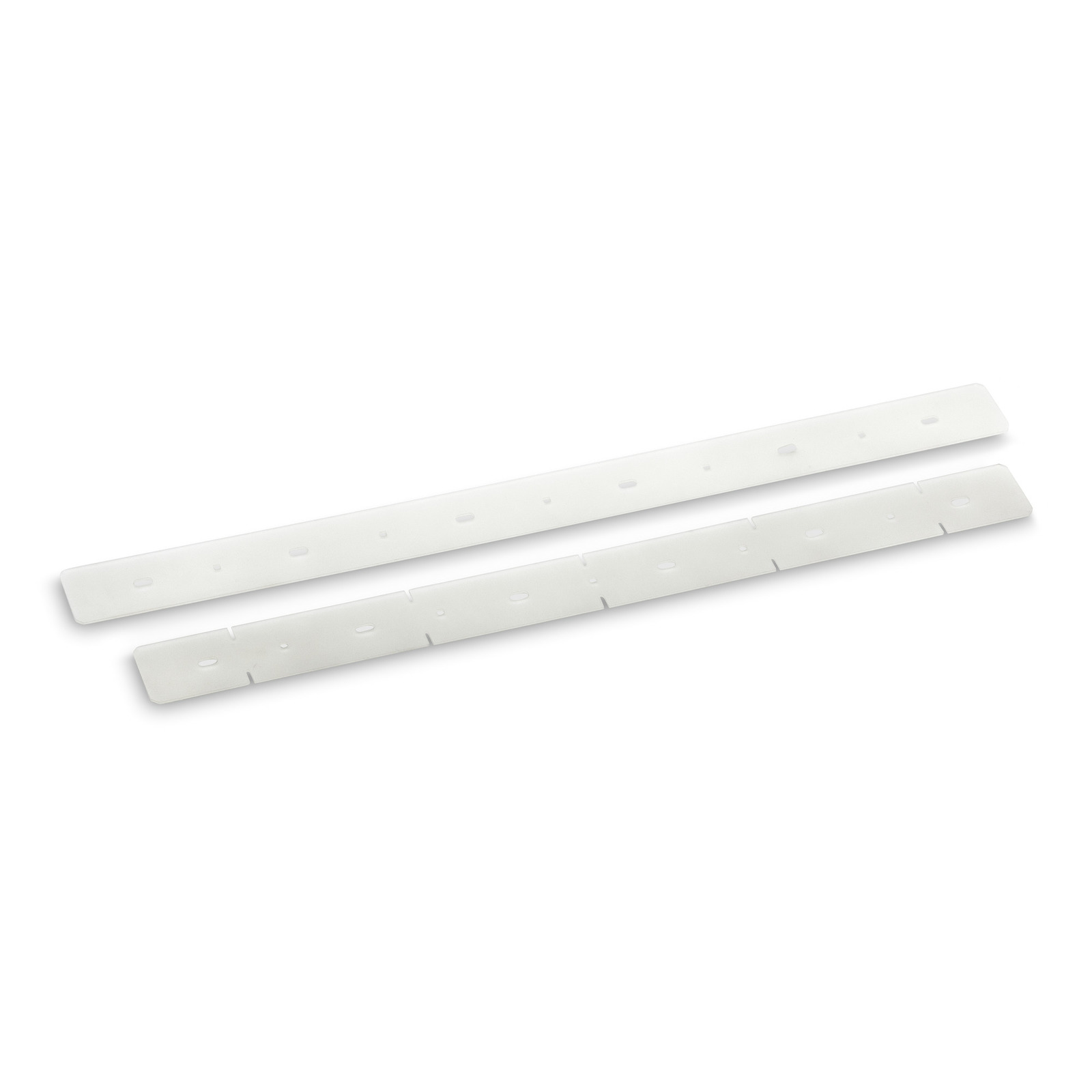 Two white plastic strips with evenly spaced holes, placed parallel on a white background. Two white plastic strips with evenly spaced holes, placed parallel on a white background.