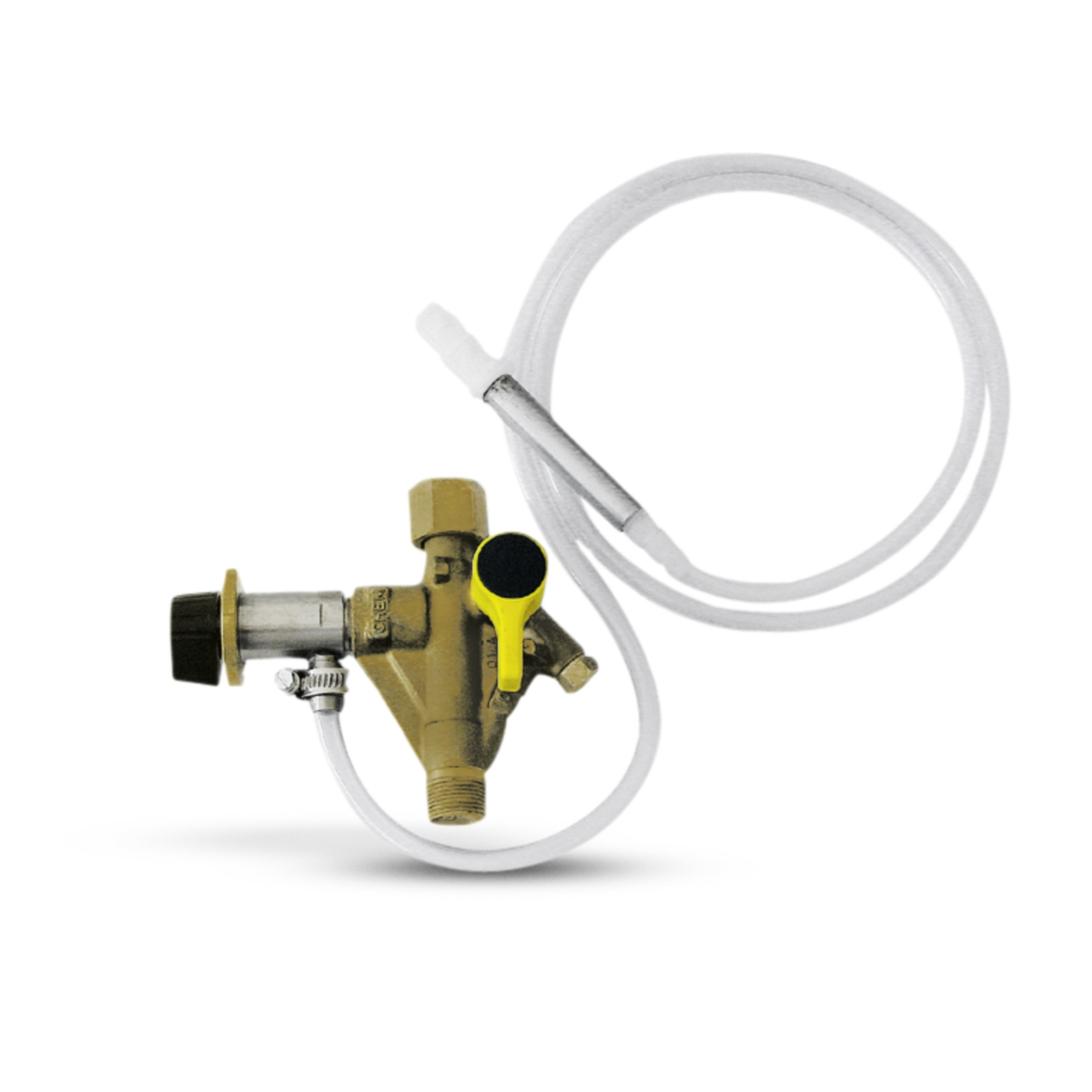 Brass valve with attached white hose and yellow handle, isolated on a white background. Brass valve with attached white hose and yellow handle, isolated on a white background.