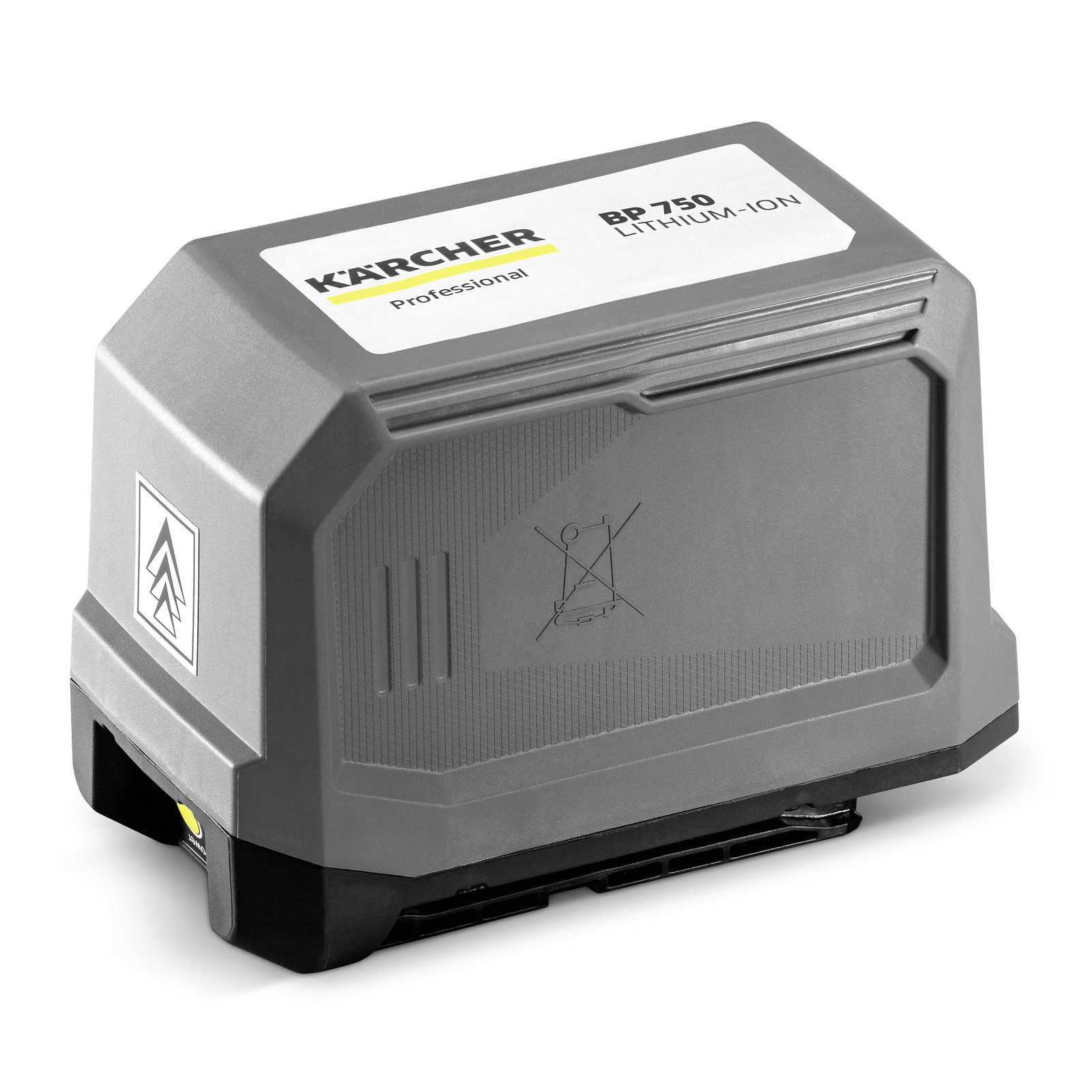 Kärcher BP 750 lithium-ion battery, grey with black base, featuring branding and caution symbols on the surface. Kärcher BP 750 lithium-ion battery, grey with black base, featuring branding and caution symbols on the surface.