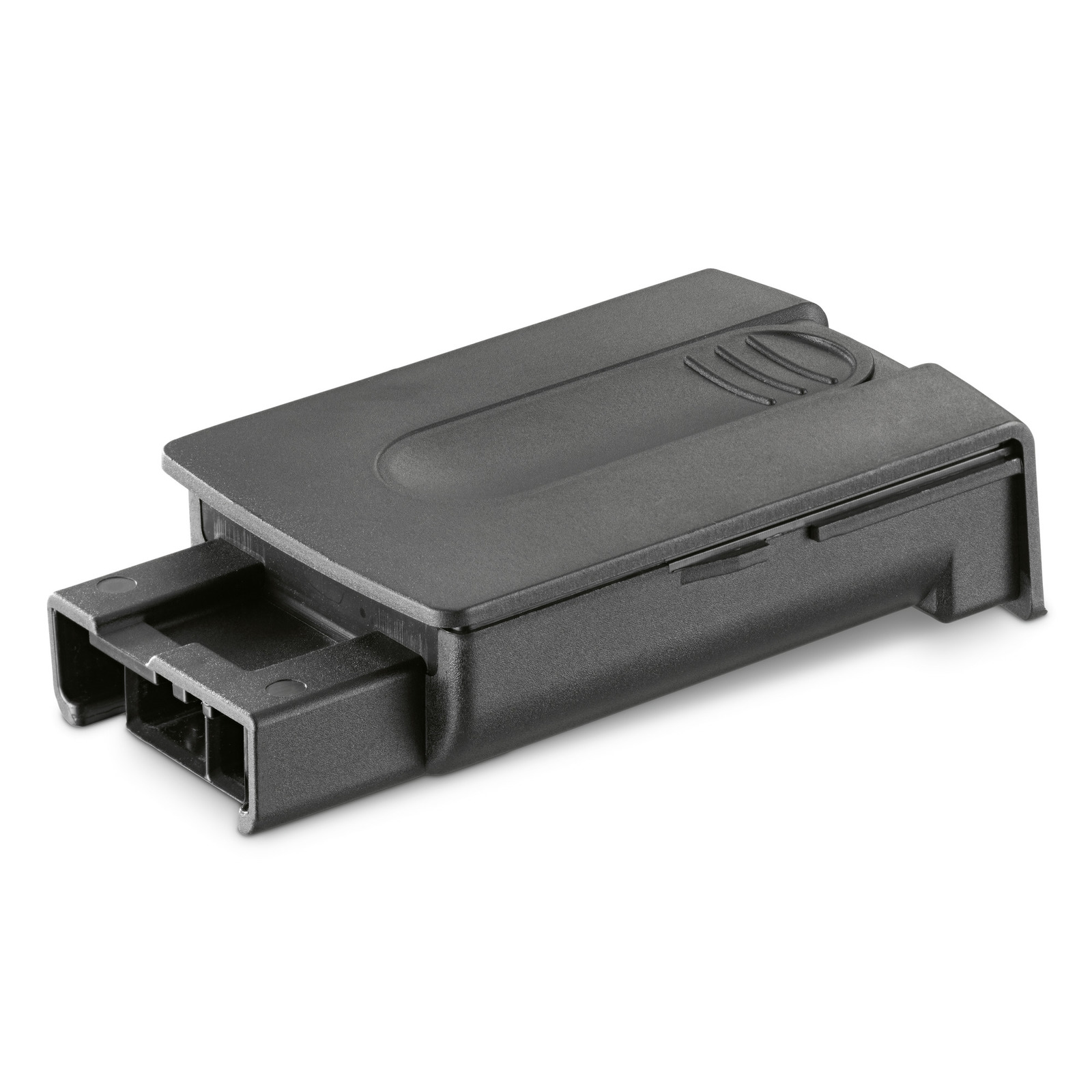 Black Kärcher battery pack with a rectangular shape and connector slots, viewed from an angle on a white background. Black Kärcher battery pack with a rectangular shape and connector slots, viewed from an angle on a white background.