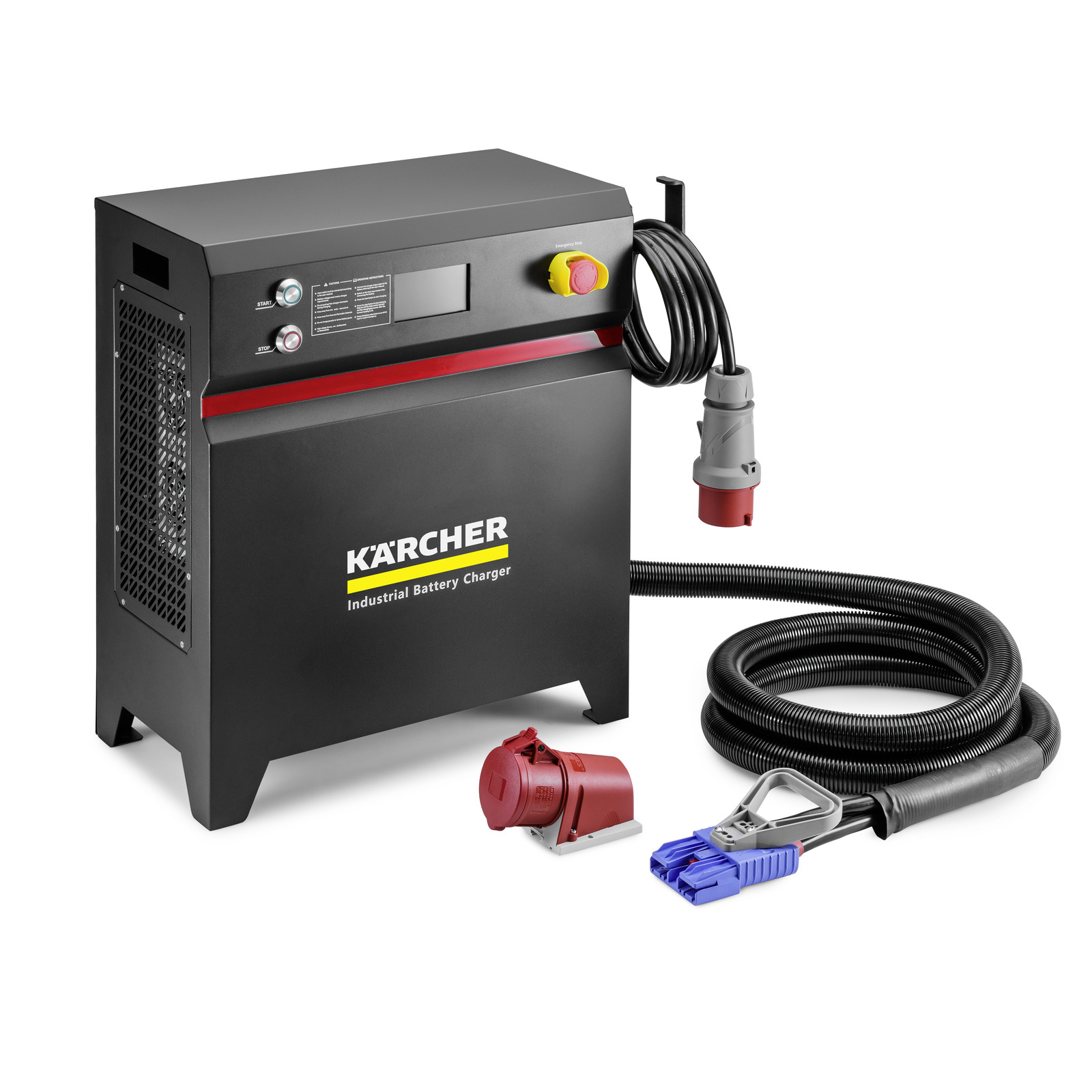 Kärcher Industrial Battery Charger, a black and red unit, displayed with a coiled power cable, a large plug, and battery clamps on a white background. Kärcher Industrial Battery Charger, a black and red unit, displayed with a coiled power cable, a large plug, and battery clamps on a white background.