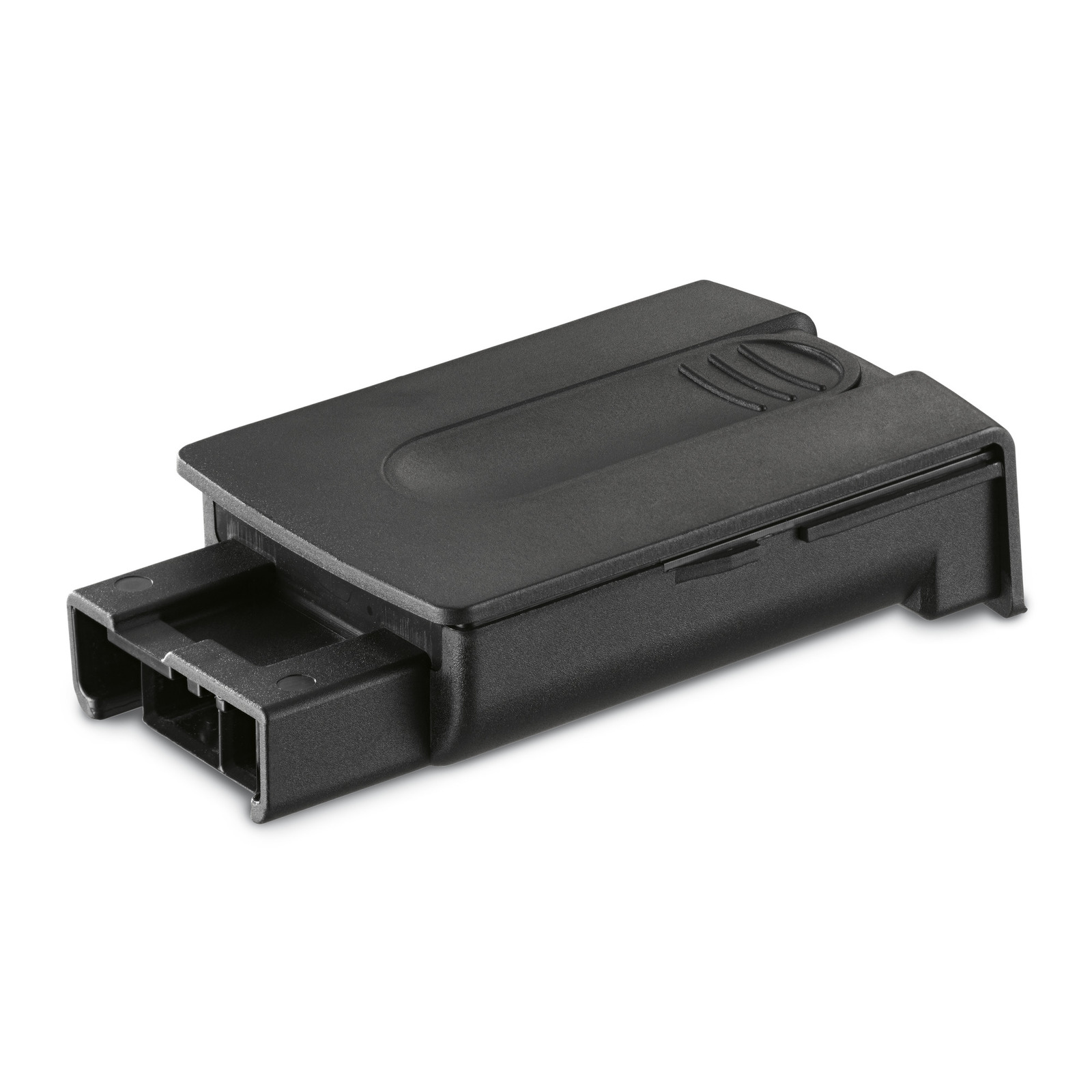 Black Kärcher battery pack with a rectangular shape and connector ports, placed on a white background. Black Kärcher battery pack with a rectangular shape and connector ports, placed on a white background.