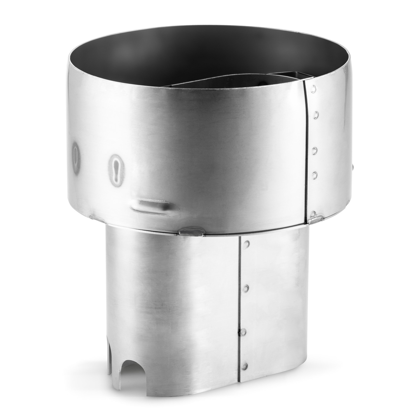 Silver metal chimney cap with a cylindrical top and rectangular base, featuring rivets and cut-out details. Silver metal chimney cap with a cylindrical top and rectangular base, featuring rivets and cut-out details.