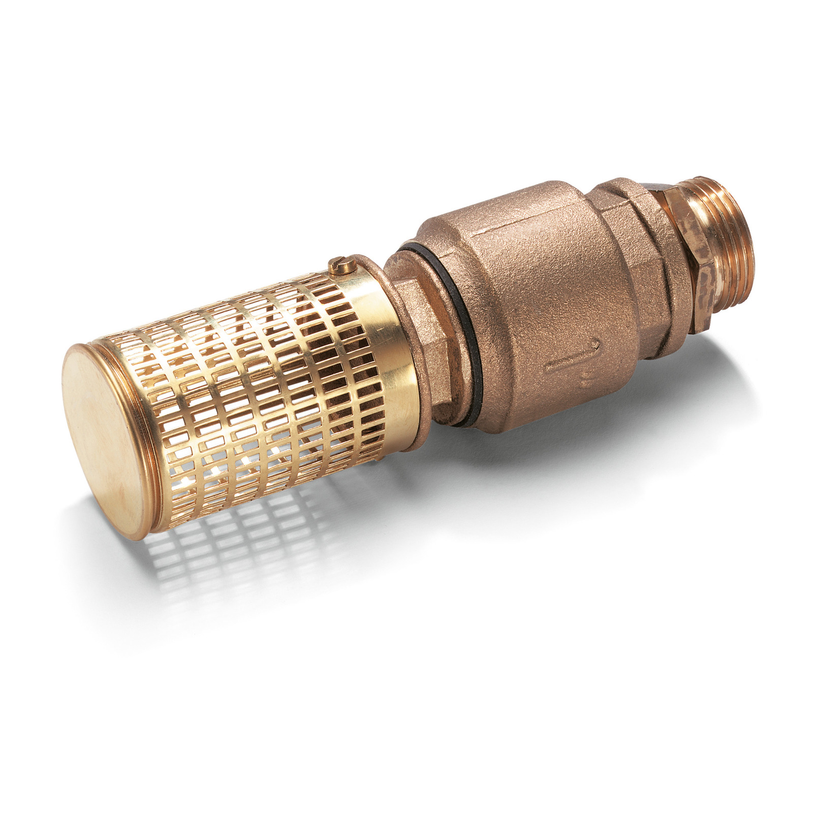 Brass water filter with mesh casing and threaded connector, lying on a white surface.