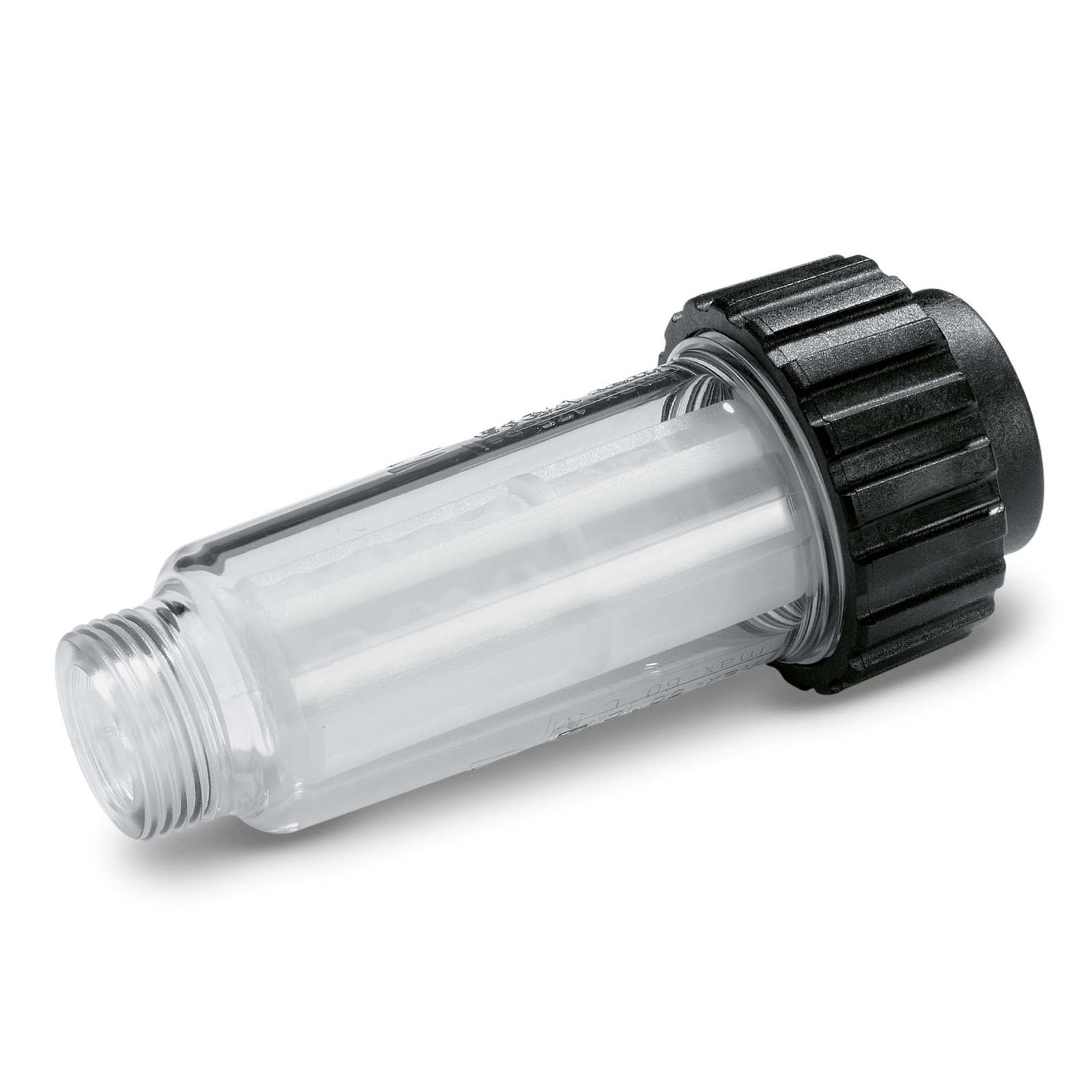 Transparent cylindrical Kärcher water filter with black threaded cap, viewed from the side.