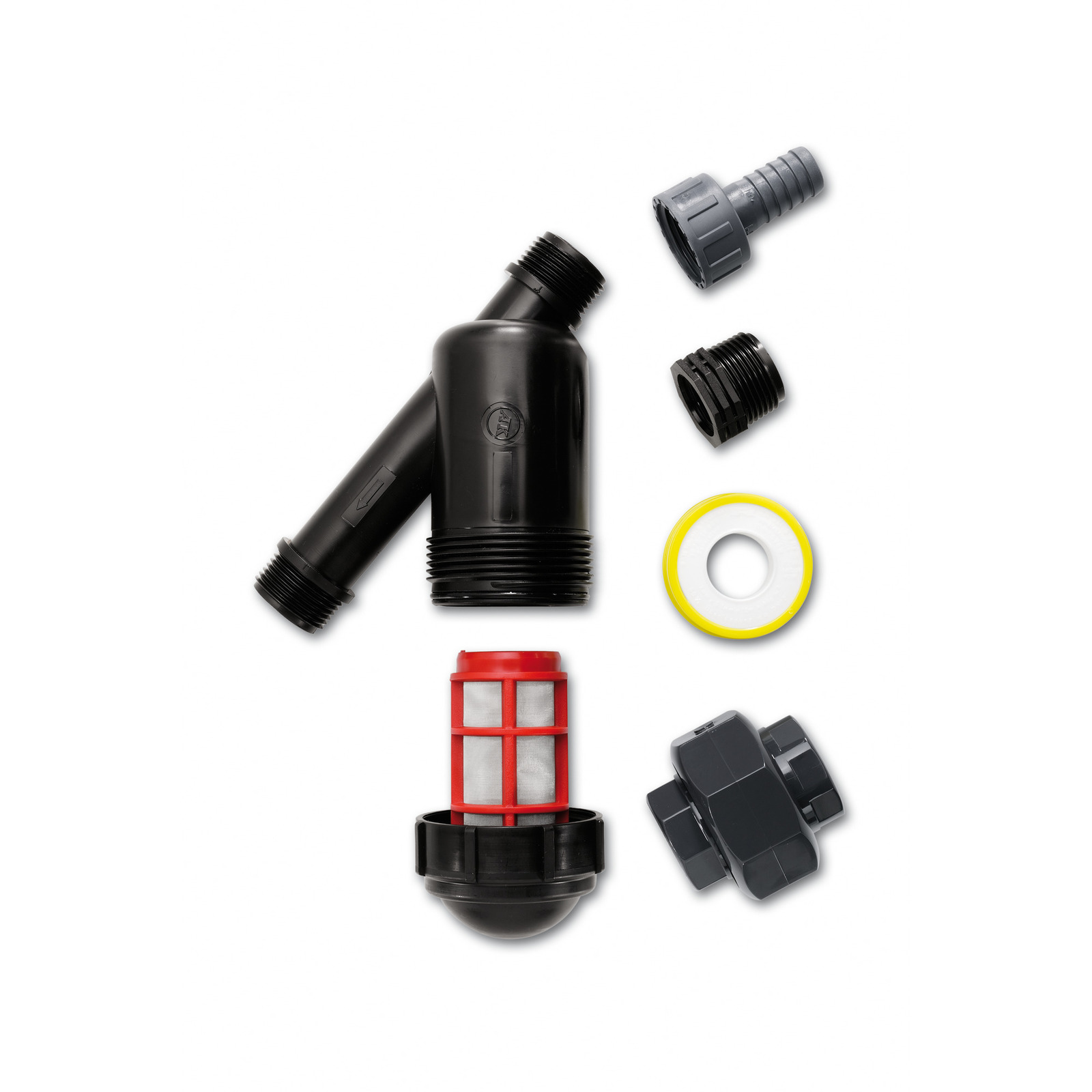 Kärcher water filter kit with black connectors, red filter, grey adapter, and yellow sealing ring on white background. Kärcher water filter kit with black connectors, red filter, grey adapter, and yellow sealing ring on white background.