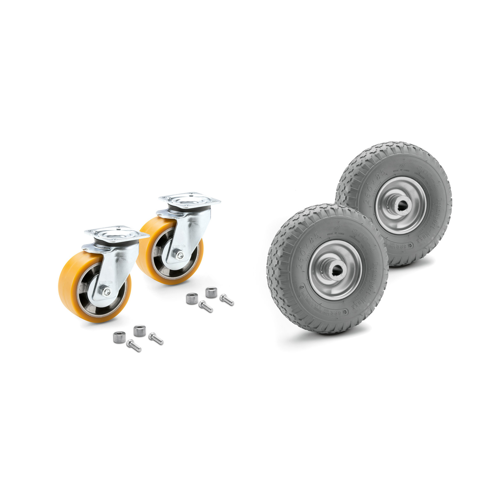 Two yellow swivel caster wheels with screws on the left, two grey pneumatic wheels on the right.