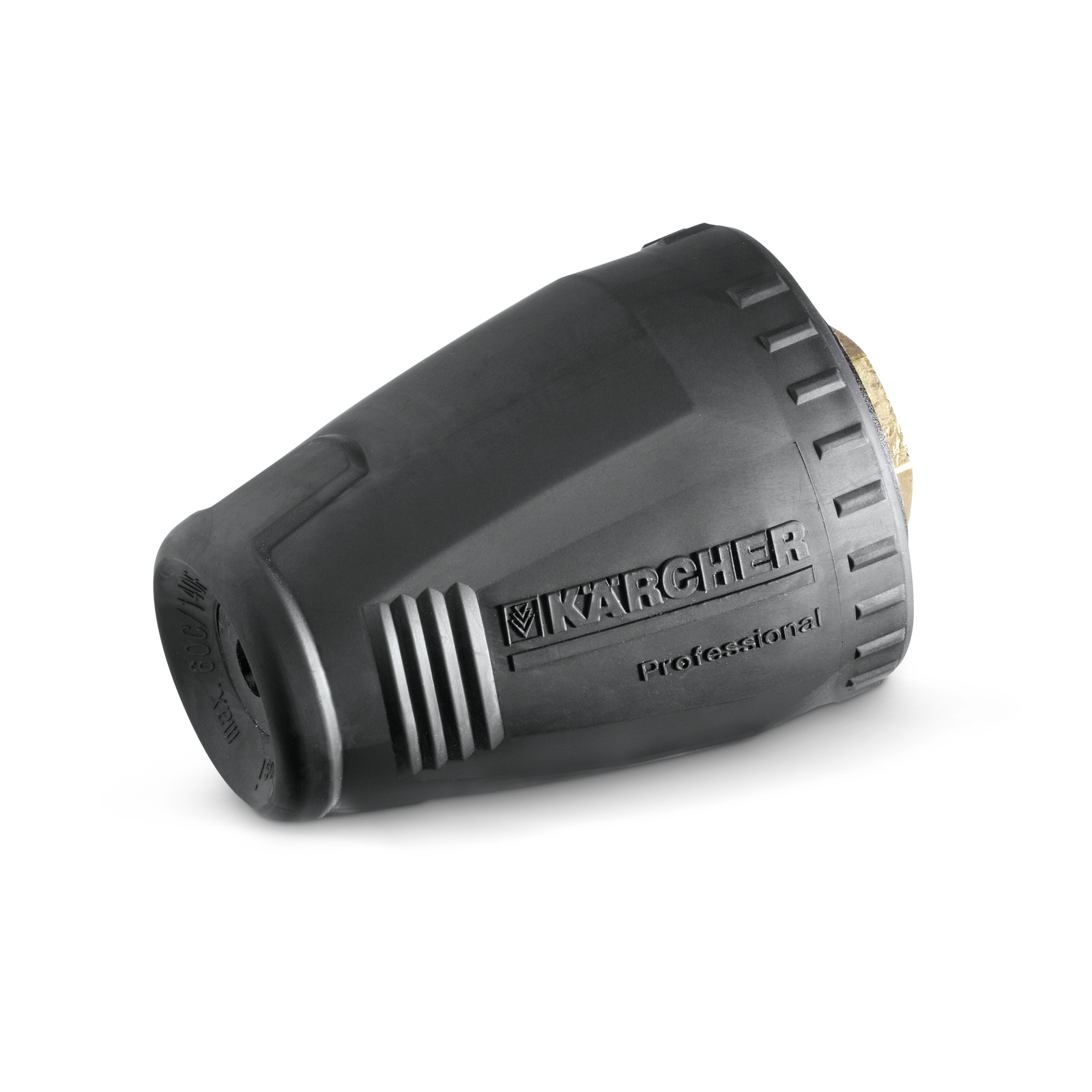 Black Kärcher professional rotary nozzle accessory for high-pressure cleaners against a white background. Black Kärcher professional rotary nozzle accessory for high-pressure cleaners against a white background.