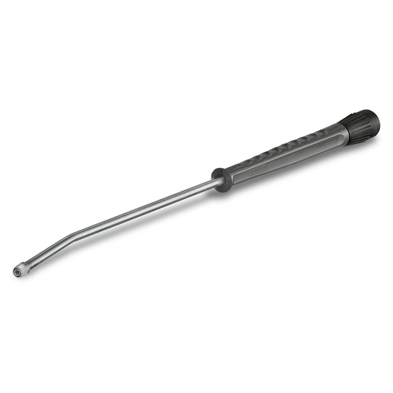 Kärcher high-pressure cleaner lance with a black grip and silver nozzle, angled design on a white background. Kärcher high-pressure cleaner lance with a black grip and silver nozzle, angled design on a white background.