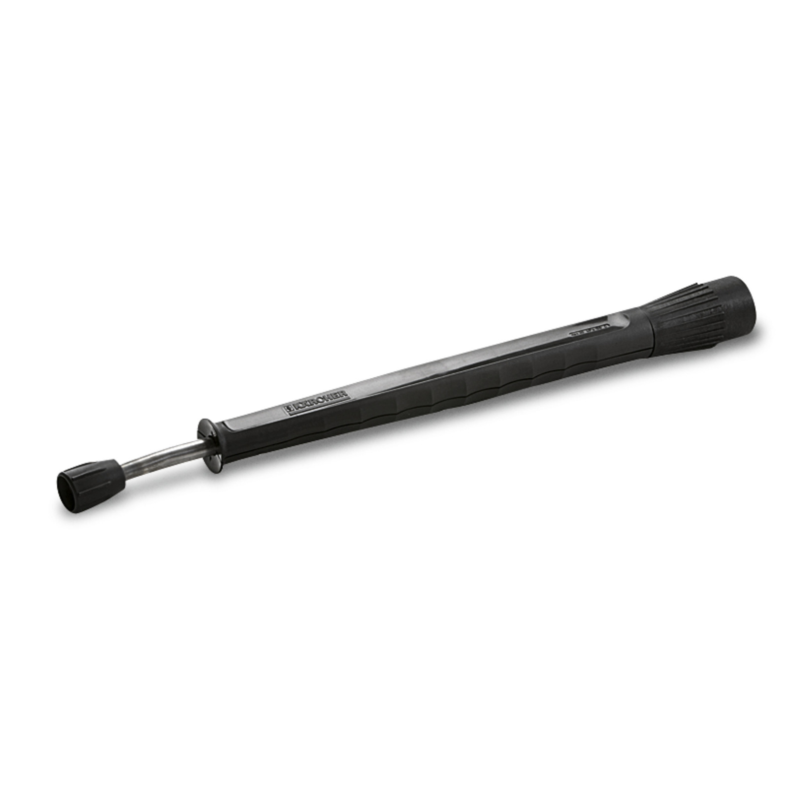 Kärcher high-pressure cleaner lance with a black grip and nozzle, set against a plain white background. Kärcher high-pressure cleaner lance with a black grip and nozzle, set against a plain white background.
