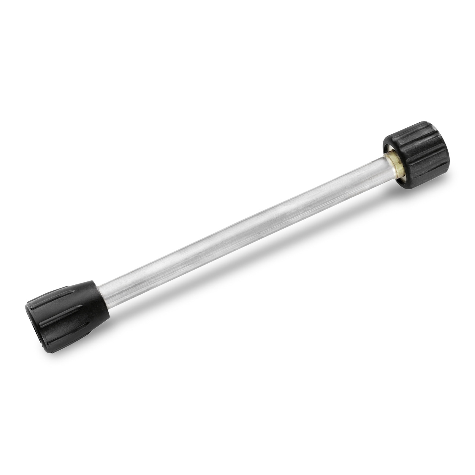 Silver extension lance with black plastic connectors at both ends, designed for Kärcher high-pressure cleaners.