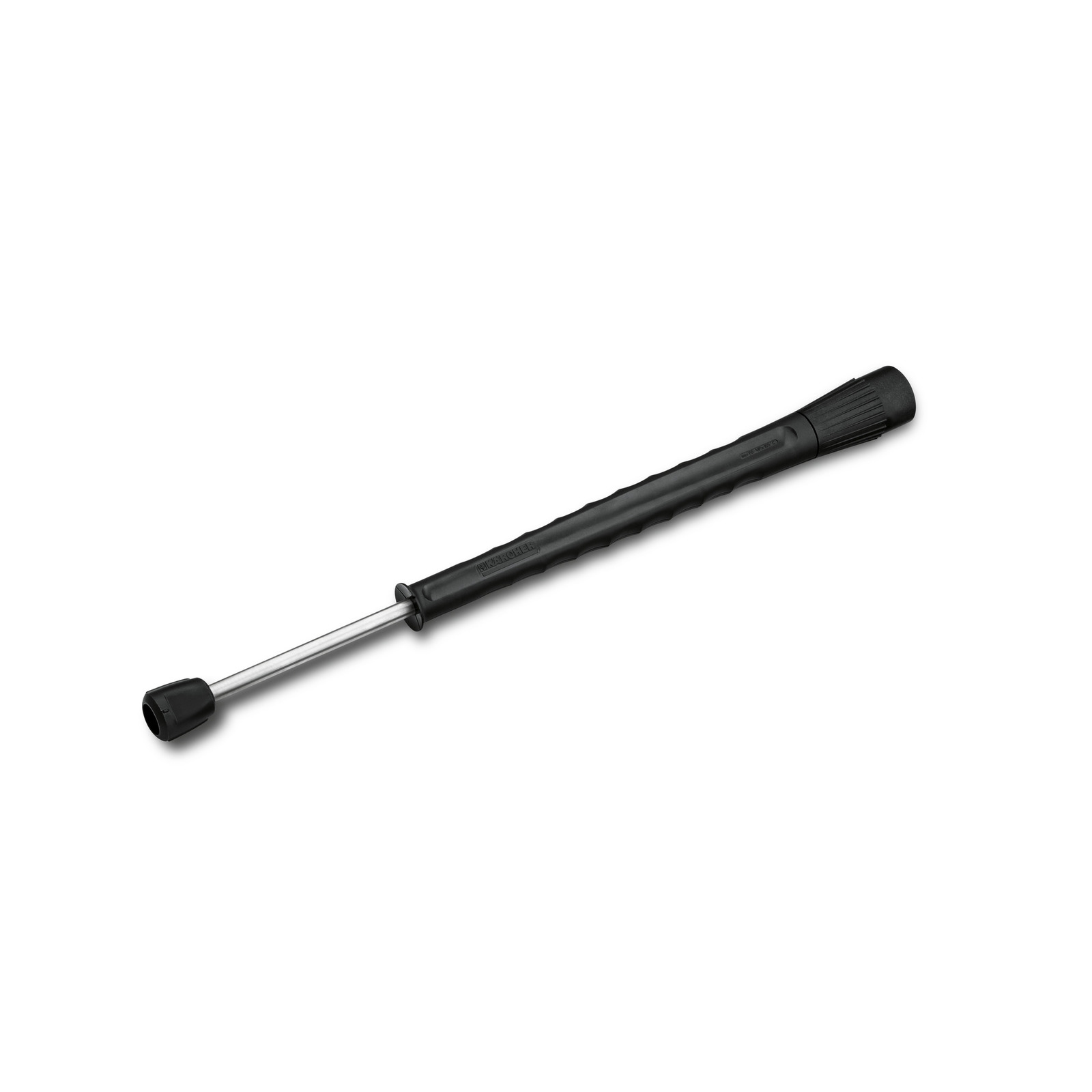 Black Kärcher spray lance with a textured grip and metal nozzle, isolated on a white background.
