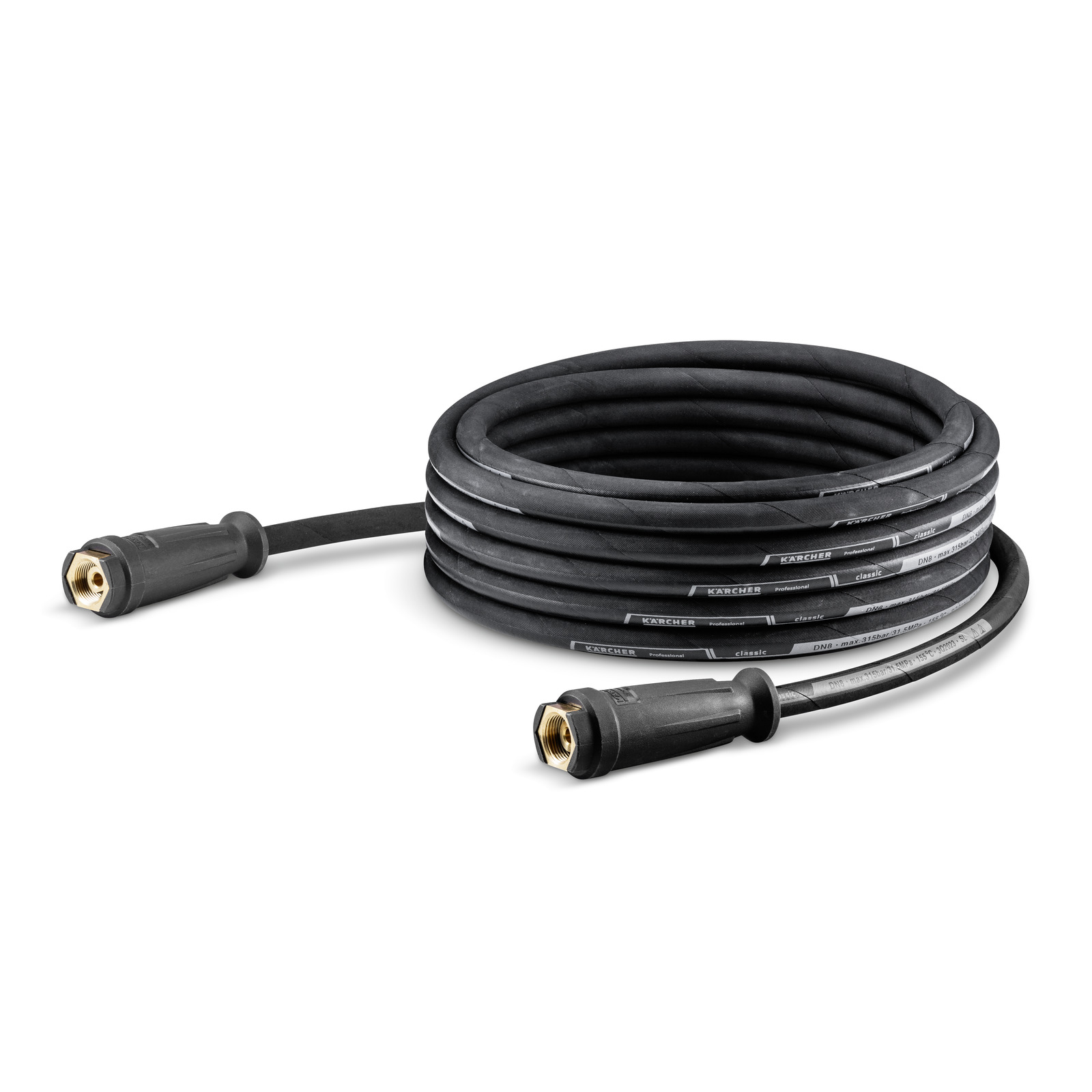 Coiled Kärcher high-pressure hose with black exterior and brass connectors, set against a white background. Coiled Kärcher high-pressure hose with black exterior and brass connectors, set against a white background.