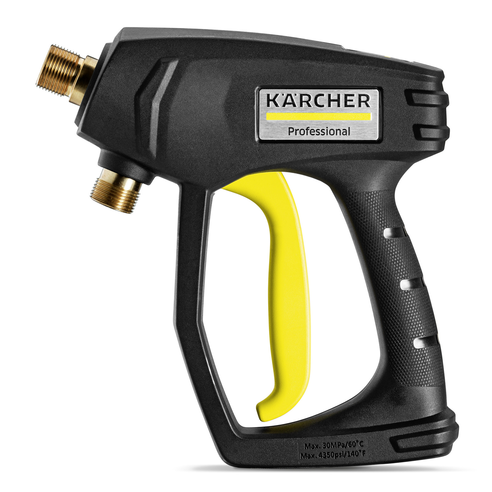 Kärcher high-pressure cleaner gun with black and yellow design, featuring a textured grip and metal connectors. Kärcher high-pressure cleaner gun with black and yellow design, featuring a textured grip and metal connectors.
