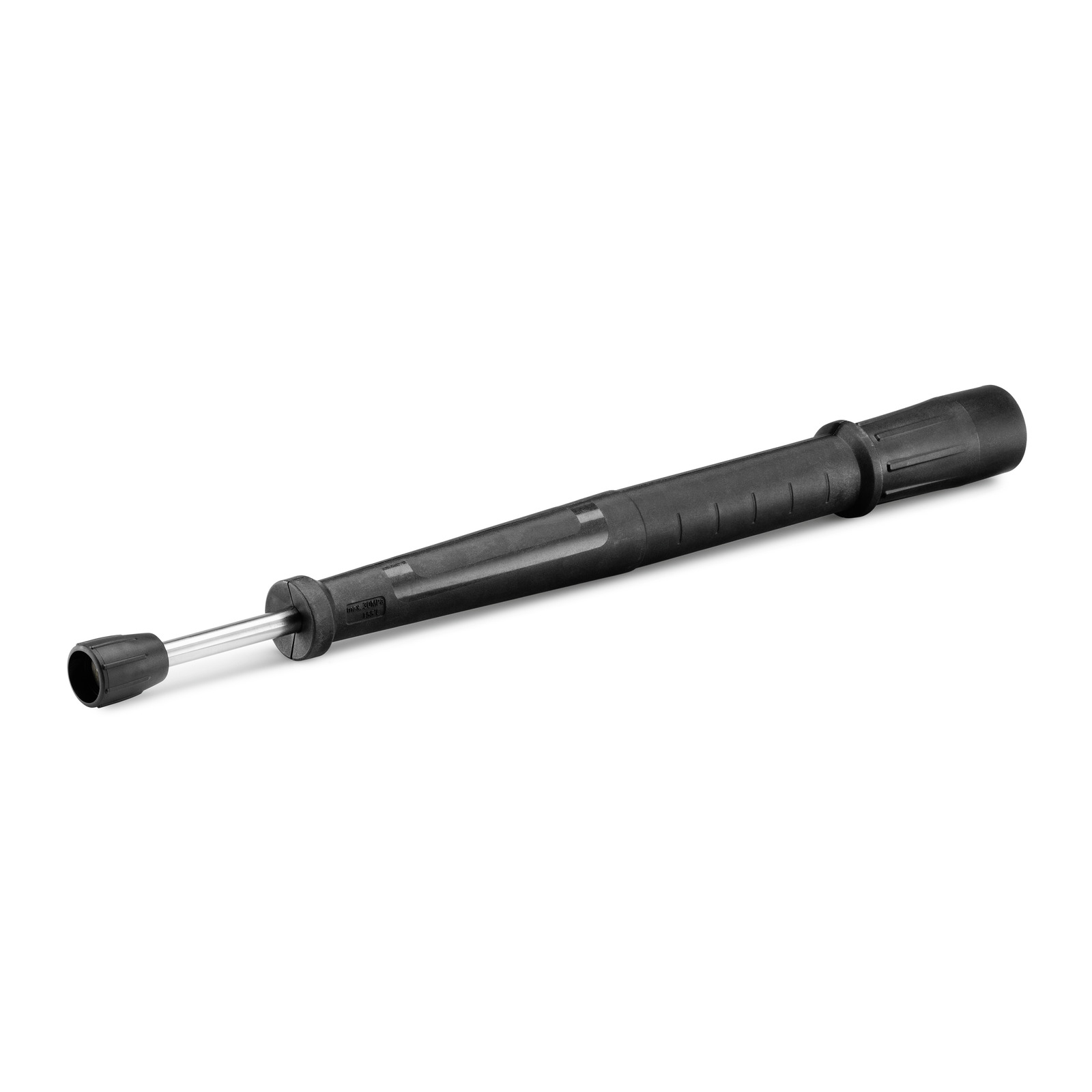 Kärcher high-pressure cleaner lance with black handle and silver nozzle, isolated on a white background.