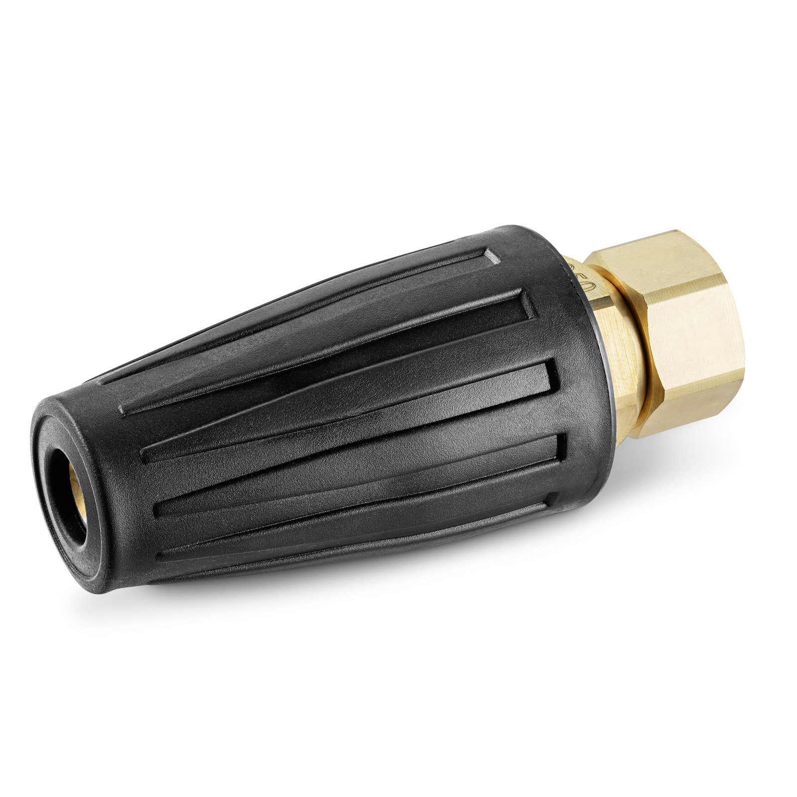 Kärcher high-pressure cleaner nozzle with black ribbed casing and brass connector, isolated on white background.