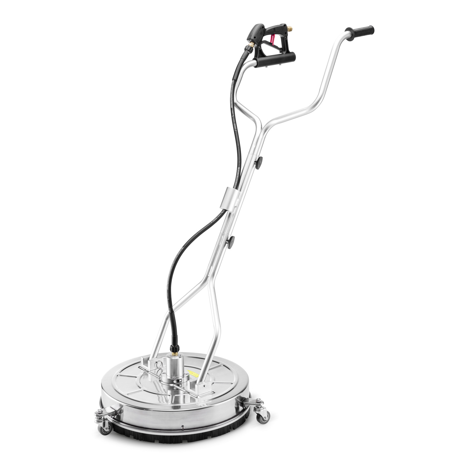 Kärcher surface cleaner with metal frame, handle, and wheels, designed for cleaning large flat surfaces. Kärcher surface cleaner with metal frame, handle, and wheels, designed for cleaning large flat surfaces.