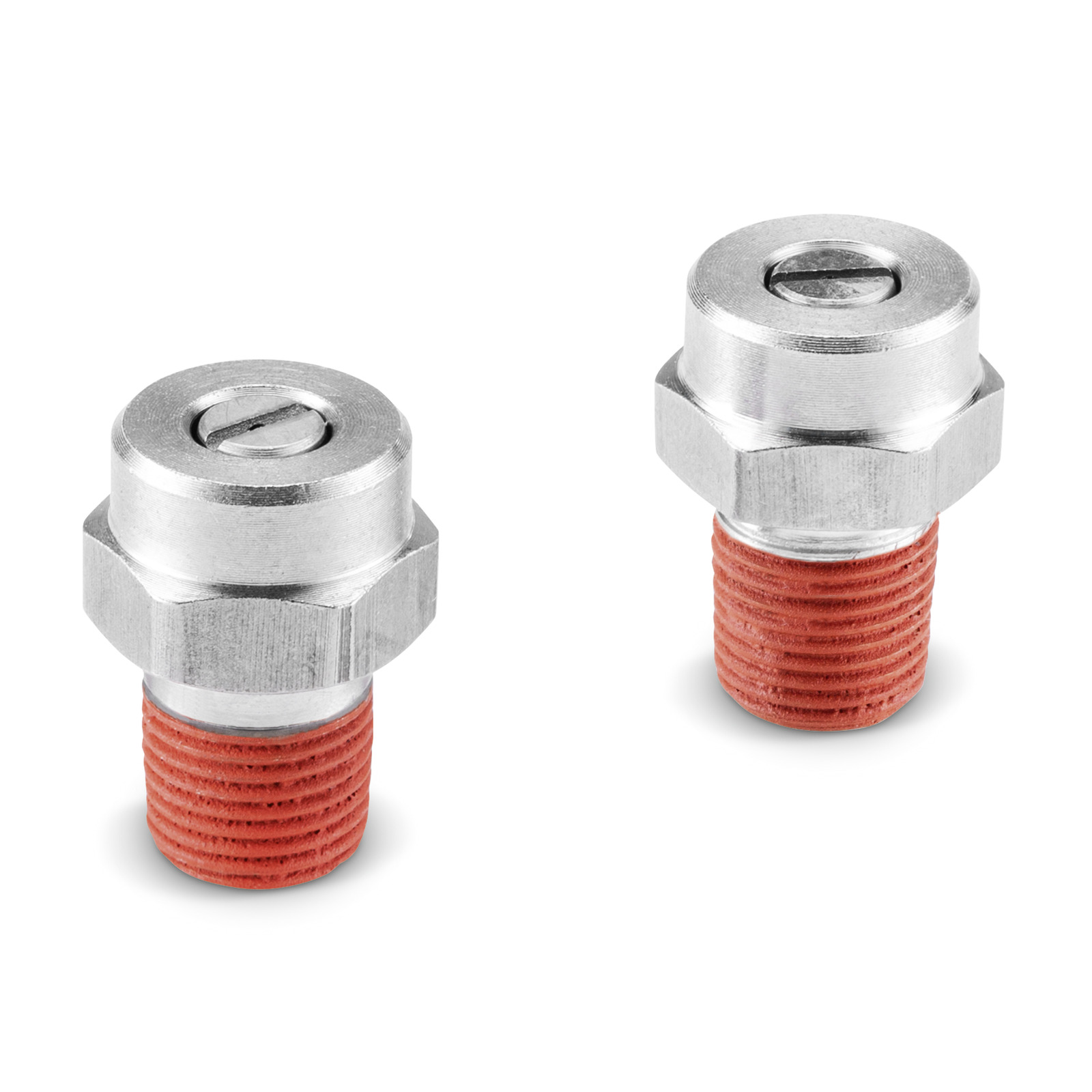 Two silver hexagonal bolts with red threaded ends, positioned on a white background. Two silver hexagonal bolts with red threaded ends, positioned on a white background.